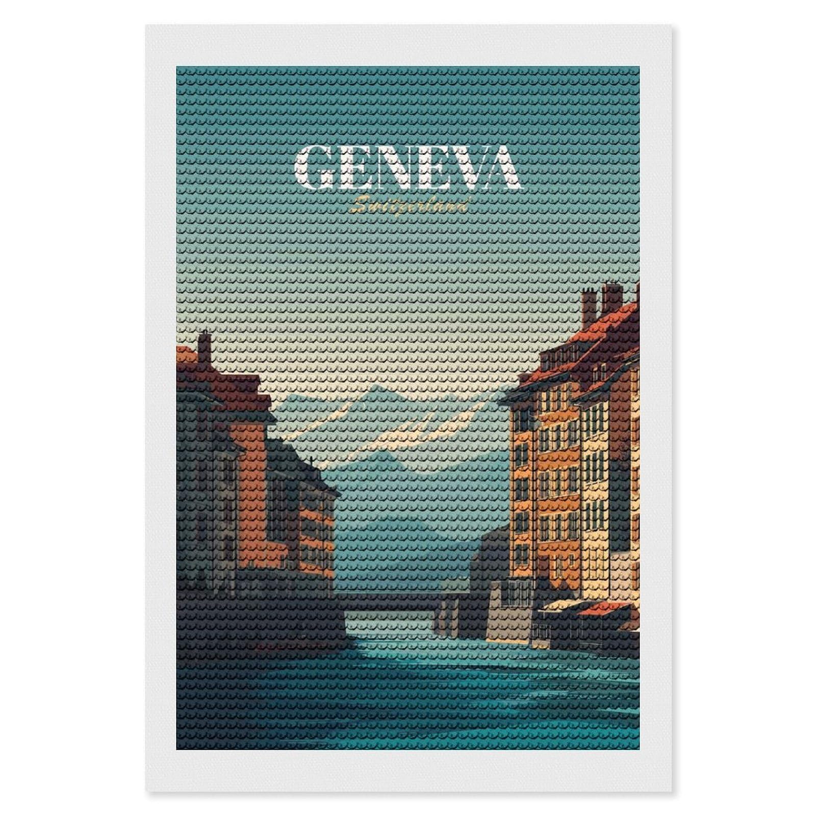 Junmoney Geneva, Switzerland Travel (2) Diamond Painting Kit 8"x12", Festive Craft Gift, Bedroom Decor, Full Kit Included, Creative Gift Idea