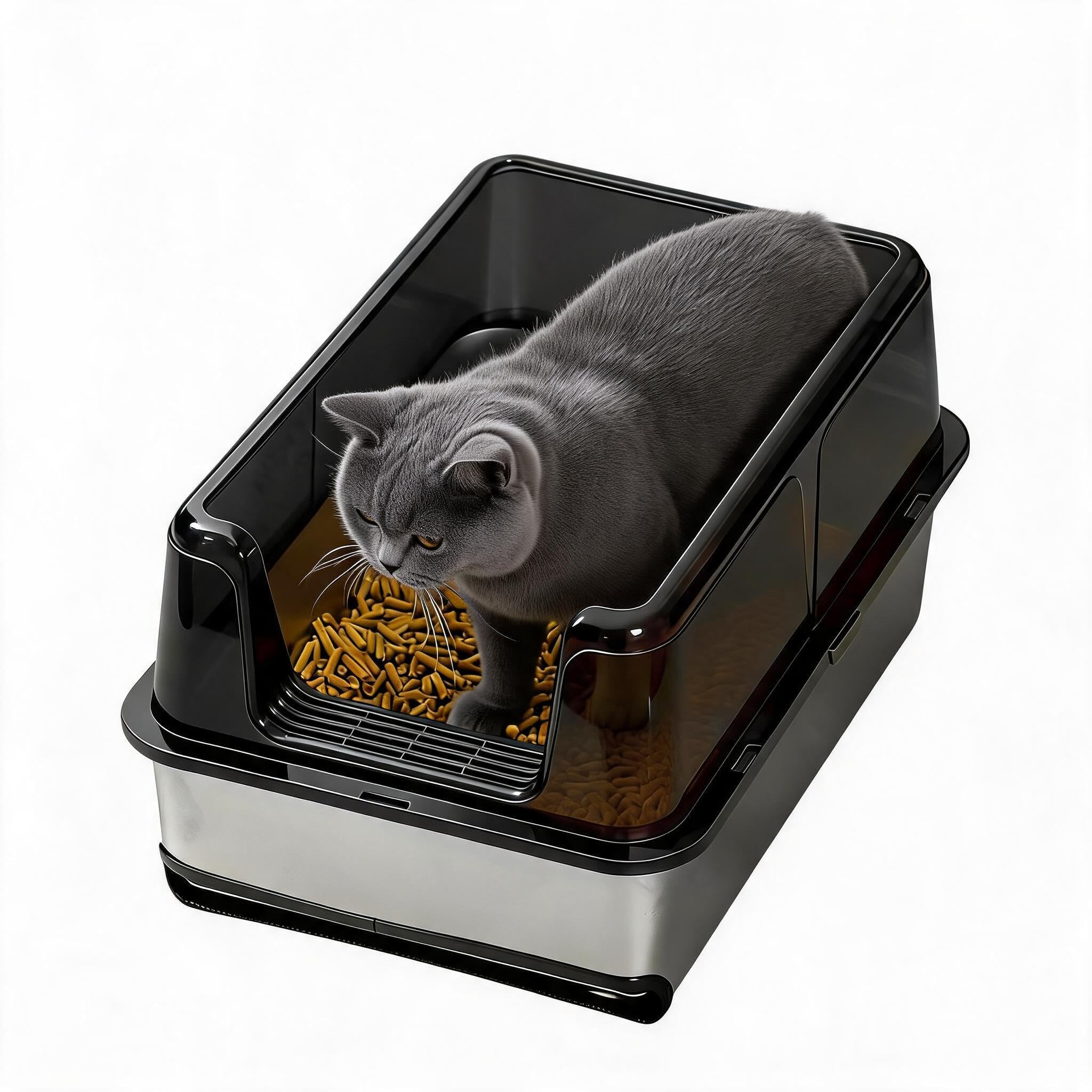 Stainless Steel Cat Litter Tray, Cat Litter Tray with Lid Leak-Proof Benders, Scoop, Easy to Clean, Spacious for Pets, Space-Saving for Homes