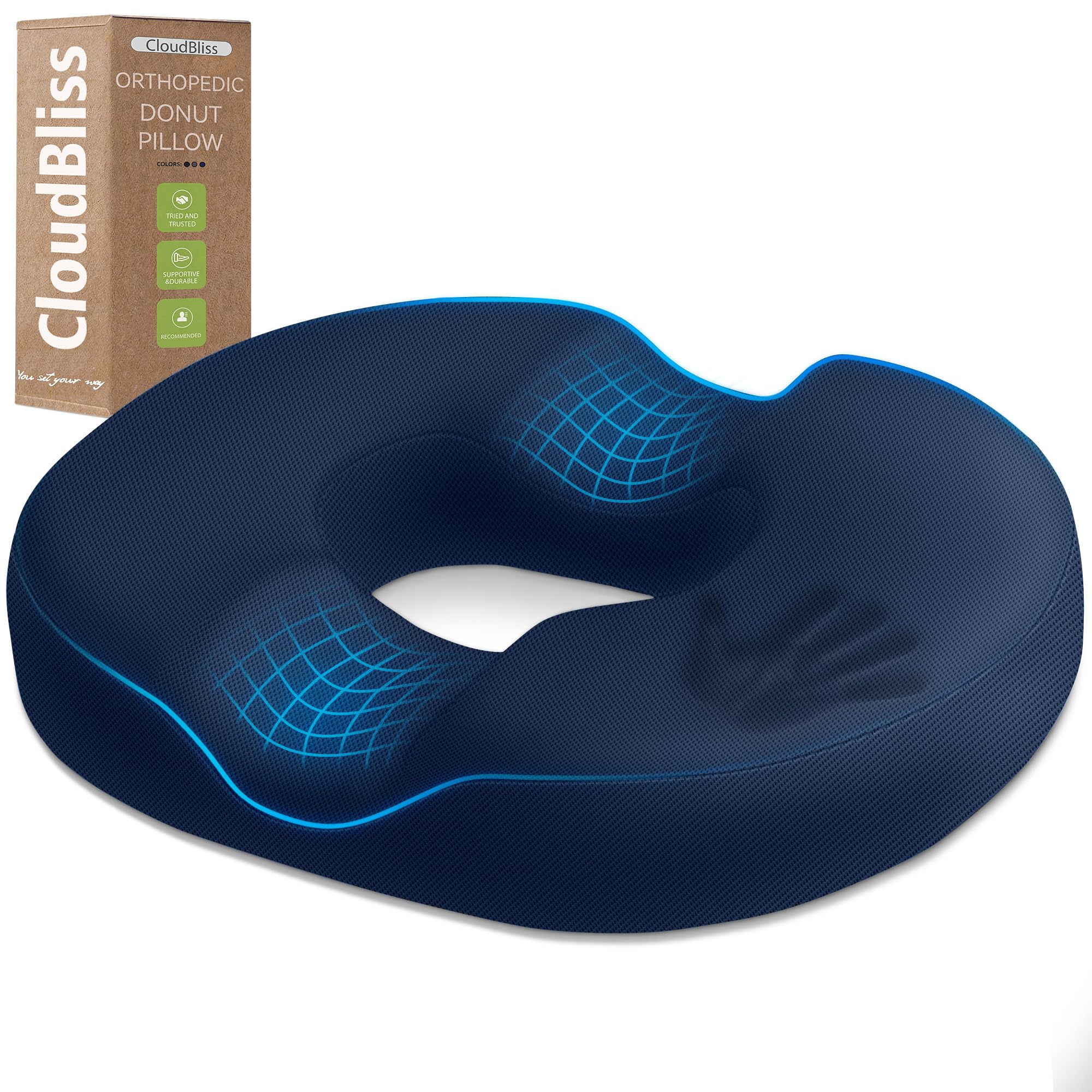 CloudBliss Donut Pillow Stadium Seat Cushion for Tailbone Pain Relief and Hemorrhoids, Memory Foam Seat Chair Cushion, Portable Seat Cushions for Bleachers, Car, Home &amp; Office