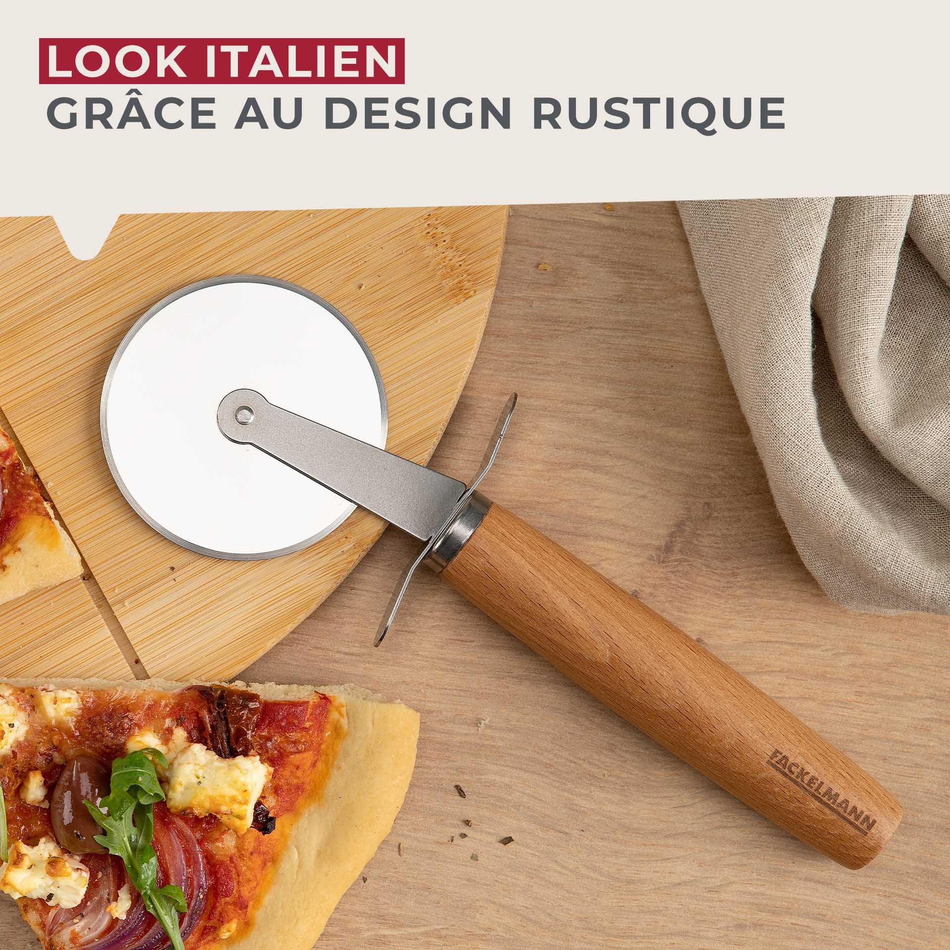 Fackelmann Krajalnica do pizzy i tart – koło do pizzy z ostrym ostrzem ze stali nierdzewnej – wałek do pizzy z ergonomicznym uchwytem z drewna bukowego – ok. 21 cm