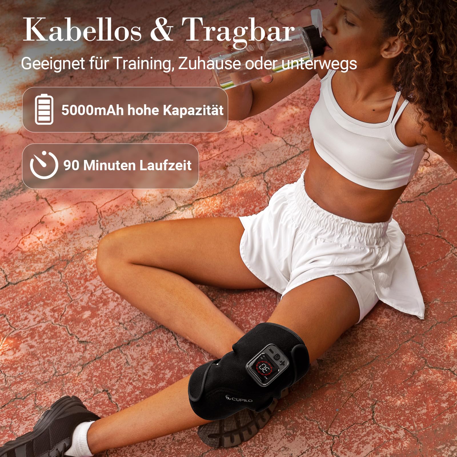 CuPiLo Kniemassagegerät mit Wärme, Kabellose Kniebandage mit Rotlicht | 5 Lichtmodi, 5 Vibrationsmodi, 5 Wärmestufen, 70 LEDs, 660 nm & 850 nm für Knie und Ellenbogen