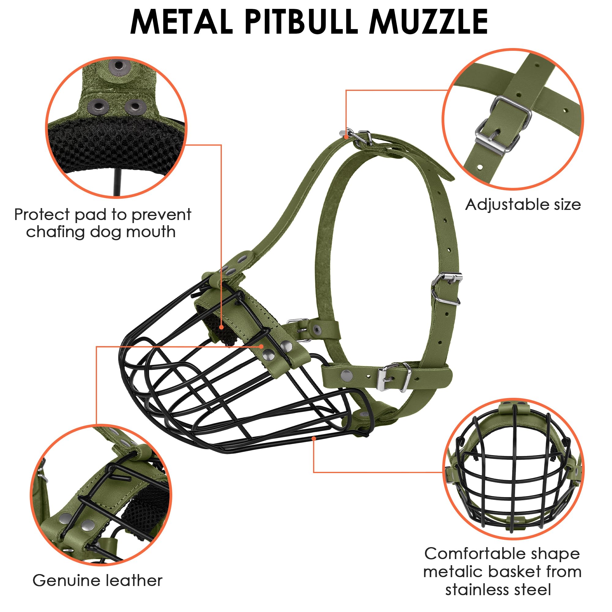 Pitbull Kaganiec dla psa, oddychający metalowy kosz dla dużych psów, Amstaff Staffordshire Terrier bezpieczna maska druciana, regulowana, trwałe skórzane paski, gryzące, żujące, szczekanie (oliwkowy)