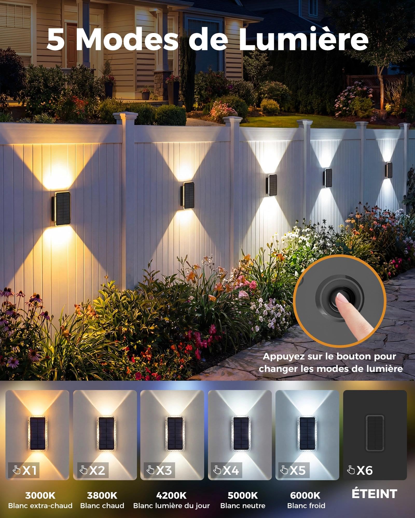 vighep Lot de 6 Applique Murale Exterieur Solaire 5 Températures de Couleur