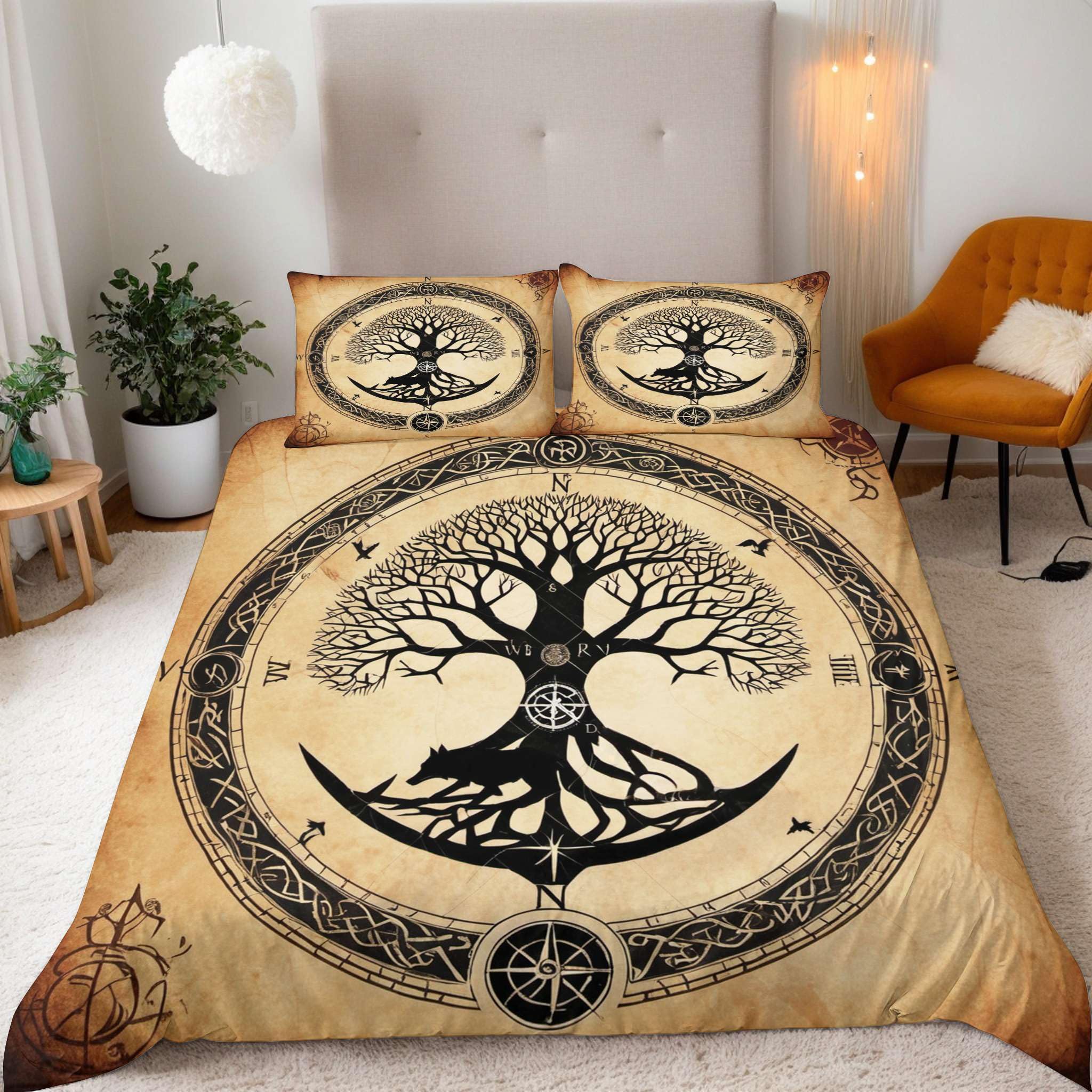 Copripiumino Matrimoniale 220x240 cm Motivo Vichingo Nodo celtico Lupo Corvo 3D Set di Biancheria da Letto Con Microfibra Comfort Morbida 3-Pezzi con 2 Federe 50x75 con Cerniera e Fascette Angolari