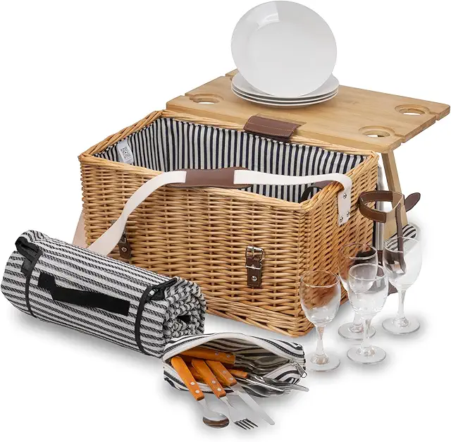 CampFeuer Picknickkorb 4 Personen mit Geschirr-Set und Serviertisch | 25-teilig