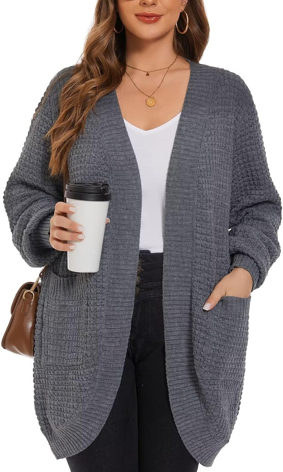 LARACE Long Cardigans for Women Plus Size Tops Open Front Sweaters with Pockets Waffle Ribbed Sleeve Loose Fall Outwear