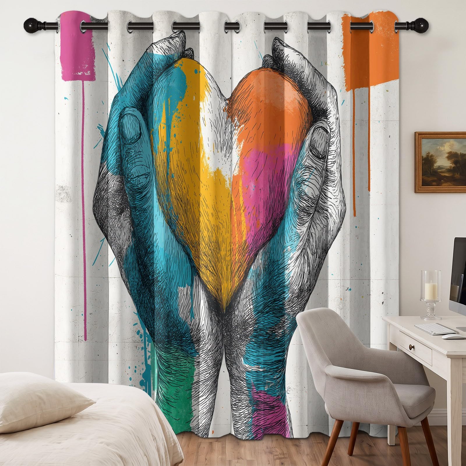 Rideau Isolant Graffiti Amour Forme De Cœur Rideau Occultant Thermiques Anti Froid et Chaleur, Économie d'Énergie, Idéal pour Chambre et Salon 110 x 215 cm, Beige, 2 Pièces