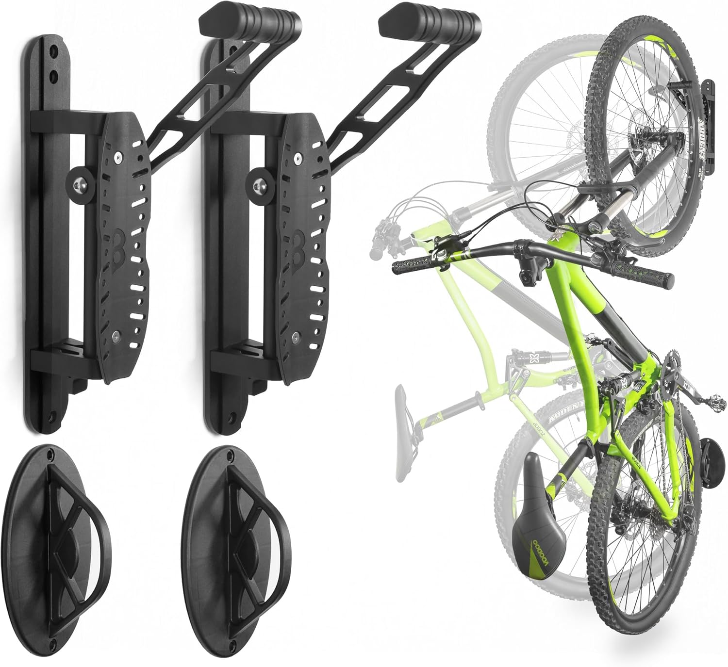 CyclingDeal Bike Swivel Wall Hanger with Rear Wheel Pad Stopper - Adjustable & Foldable Indoor Storage Hook Organizer - Safe & Secure for Storing MTB, Road Bicycles in Garage or Home - 2 Pack