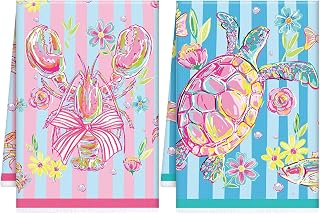 Colorful Beach Kitchen Towels Gifts, Coastal Hand Towel Bathroom | Colorful Beach Kitchen Towels Set of 2, Dopamine Decor for Happy Kitchens, Lobster Sea Turtle Fun Design, Summer Coastal Gift