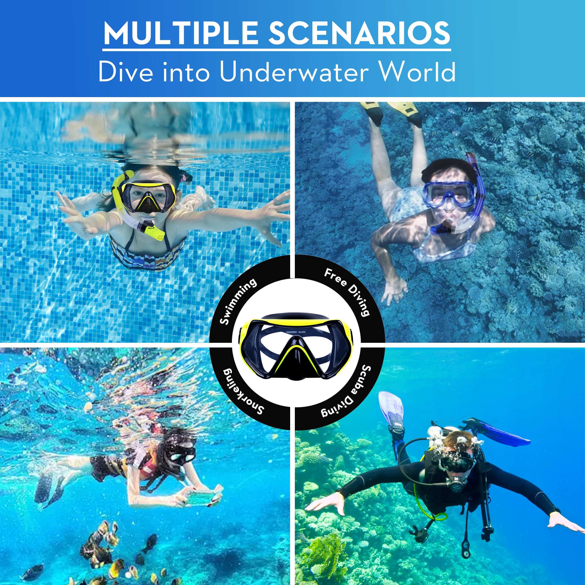 Edge - Equipo de esnórquel para adultos y secado superior 2 en 1, máscara de esnórquel para adultos, con vista panorámica de 180°, antiniebla, antifugas, máscara de buceo para esnórquel, buceo