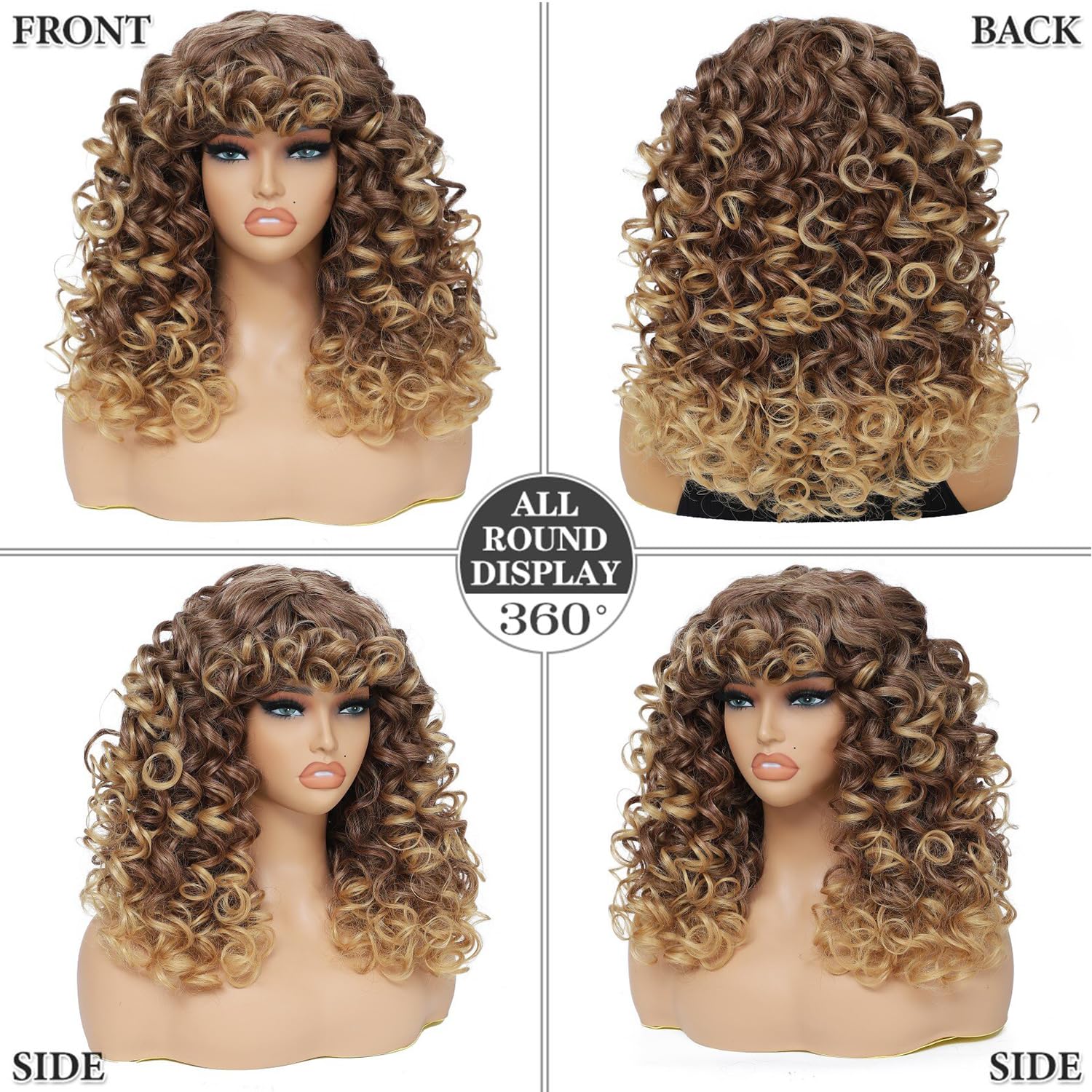 GKtineke-Curly-Wig Big-Curly-Wigs-for-White-Black-Women 20 Inch- Long-Curly-Wig-with-Bangs Synthetic-Hair-Replacement-Wigs-for- Cosplay and Daily (): Ombre Blonde