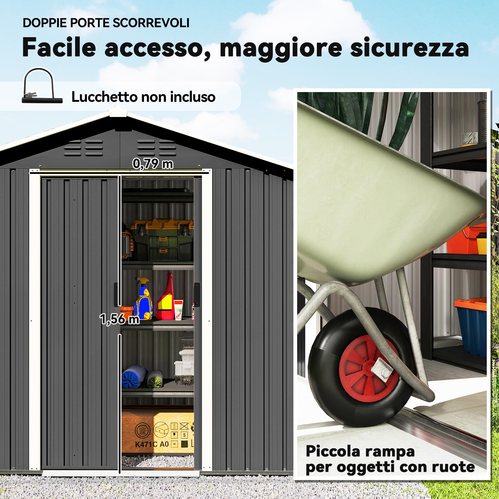 Outsunny Casetta da Giardino 1.8m² Prese d'Aria 194x107x191 cm Grigio Scuro | Acciaio Zincato, Capanno Porta Attrezzi, Doppia Porta Scorrevole Bloccabile, Tetto Inclinato, Guanti
