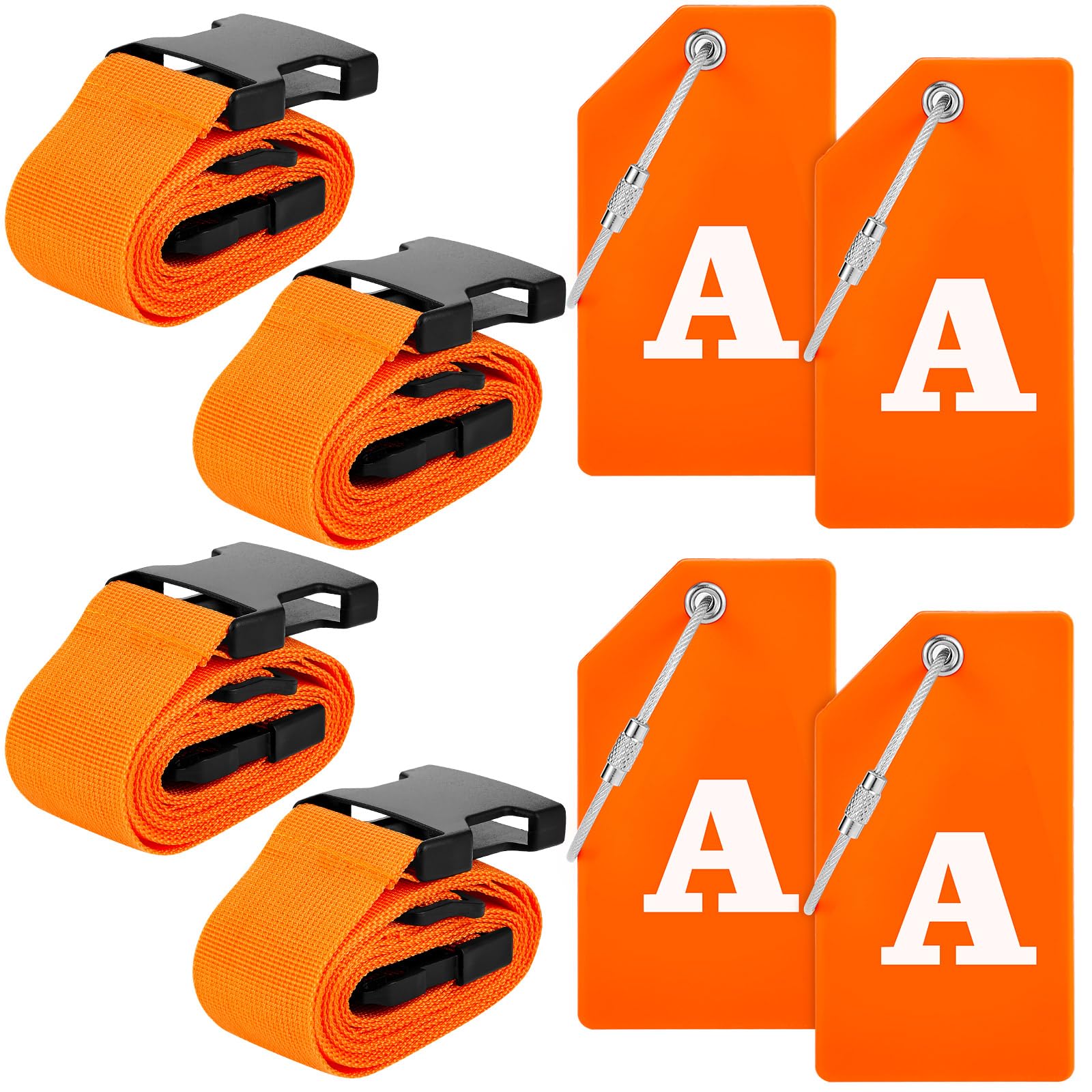 Weewooday 8 Pcs Luggage Straps Suitcase Tags Set for TSA Approved, 4 Travel Adjustable Suitcase Belt, 4 Silicone Luggage Tags with Name ID Card Travel Accessories (Light Orange,A)