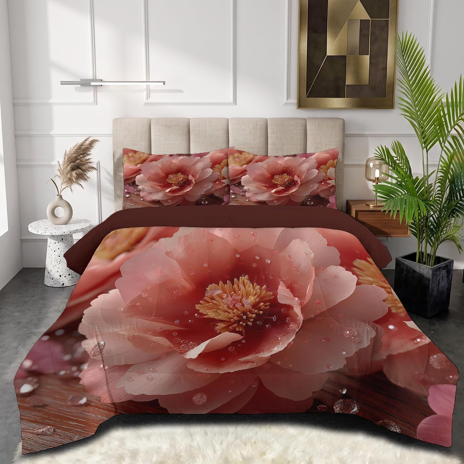 Dreamy Flowers Comforter Set King Size, Realistic Peony Bedding Set for Girls Boys, Pink Quilt Bed 104"X90" Bedding Comforter Sets with 2 Pillowcase Room Decor
