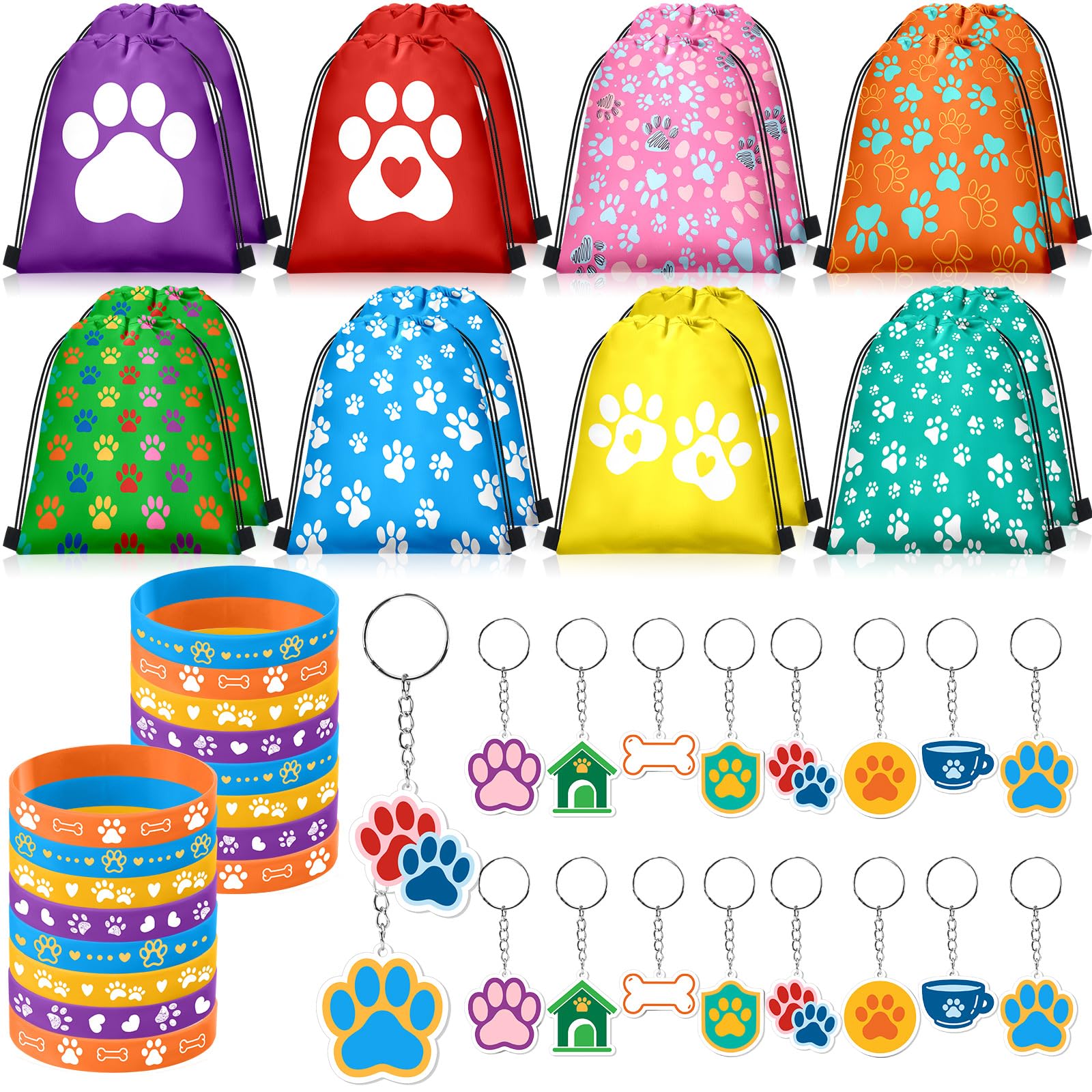 Talltalk 48 Pcs Paw Print Dog Party Supplies Puppy Dog Party Favor Set 16 Drawstring Bags Gift Candy Goodie Bags 16 Paw Wristband Rubber Bracelet 16