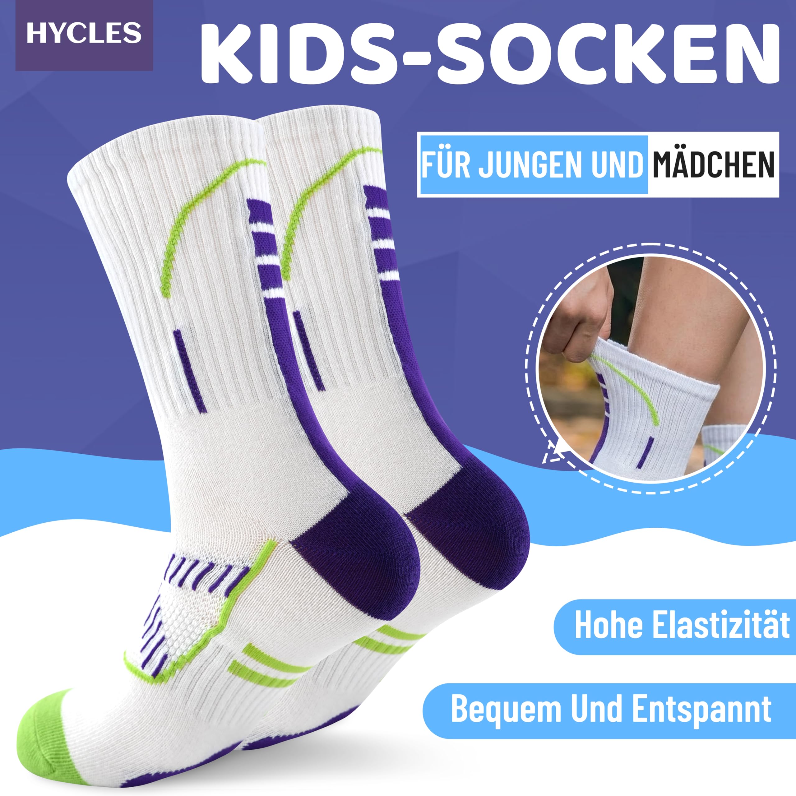 HYCLES Lot de 6 paires de chaussettes de basket-ball en coton respirant pour garçons et filles pour football, rugby, tennis de 6 à 16 ans