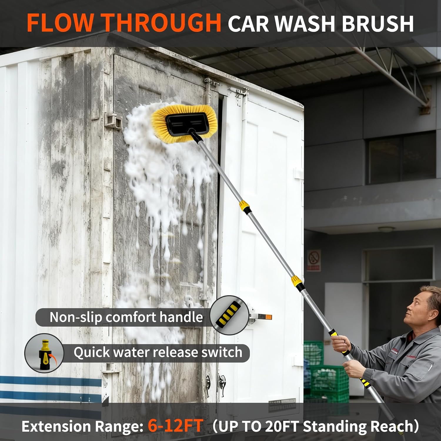 Car Wash Brush with Long Handle, 20FT Reach Telescopic Flow-Thru Car Washing Brushes, 11.8" Soft Bristle Cleaning Brush with On/Off Switch for Auto Cars, Trucks, RV, Truck, Boat, Wall, Solar Panels
