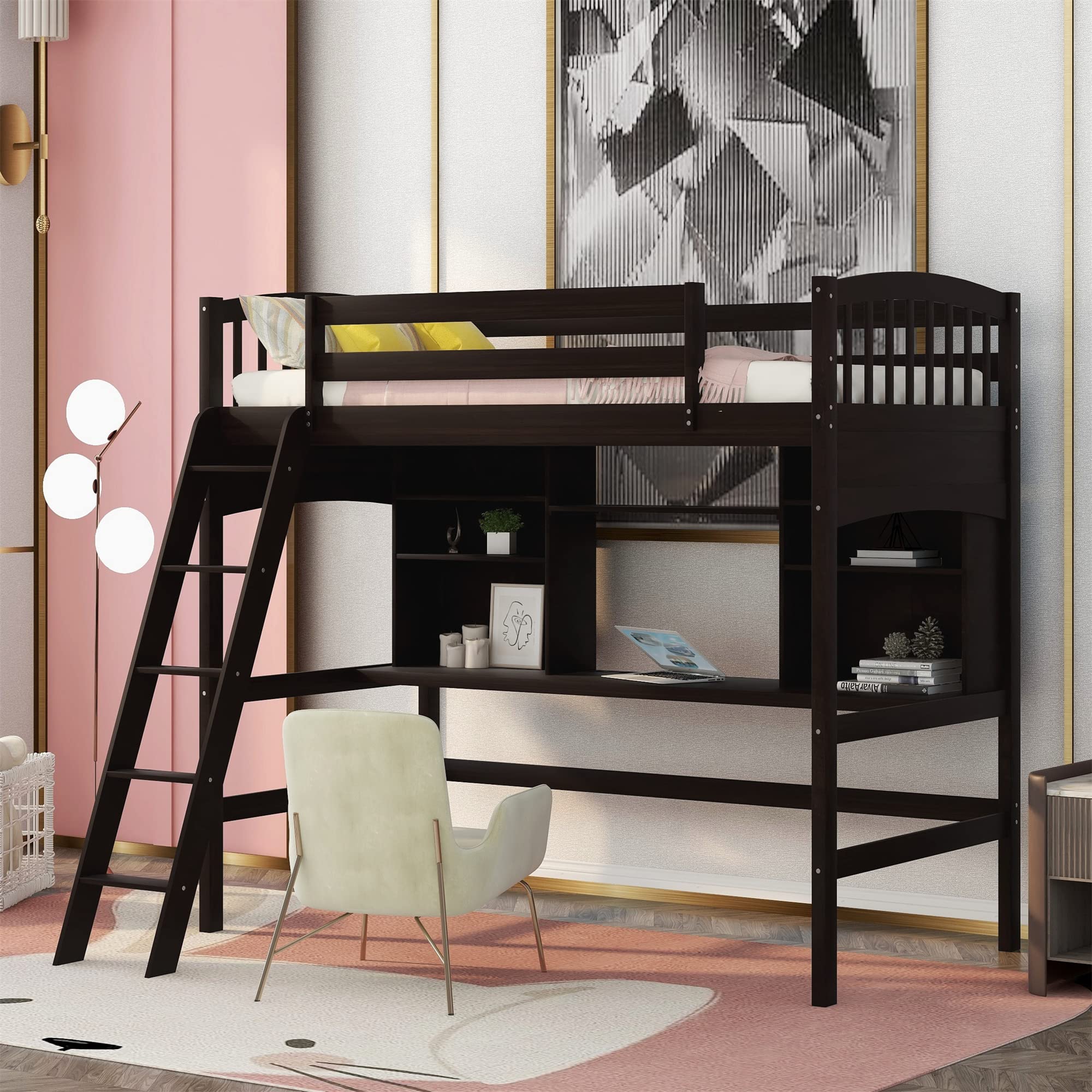 Twin Loft Beds with Desk and Shelves, Wood Bunk Beds with Desk, No Box