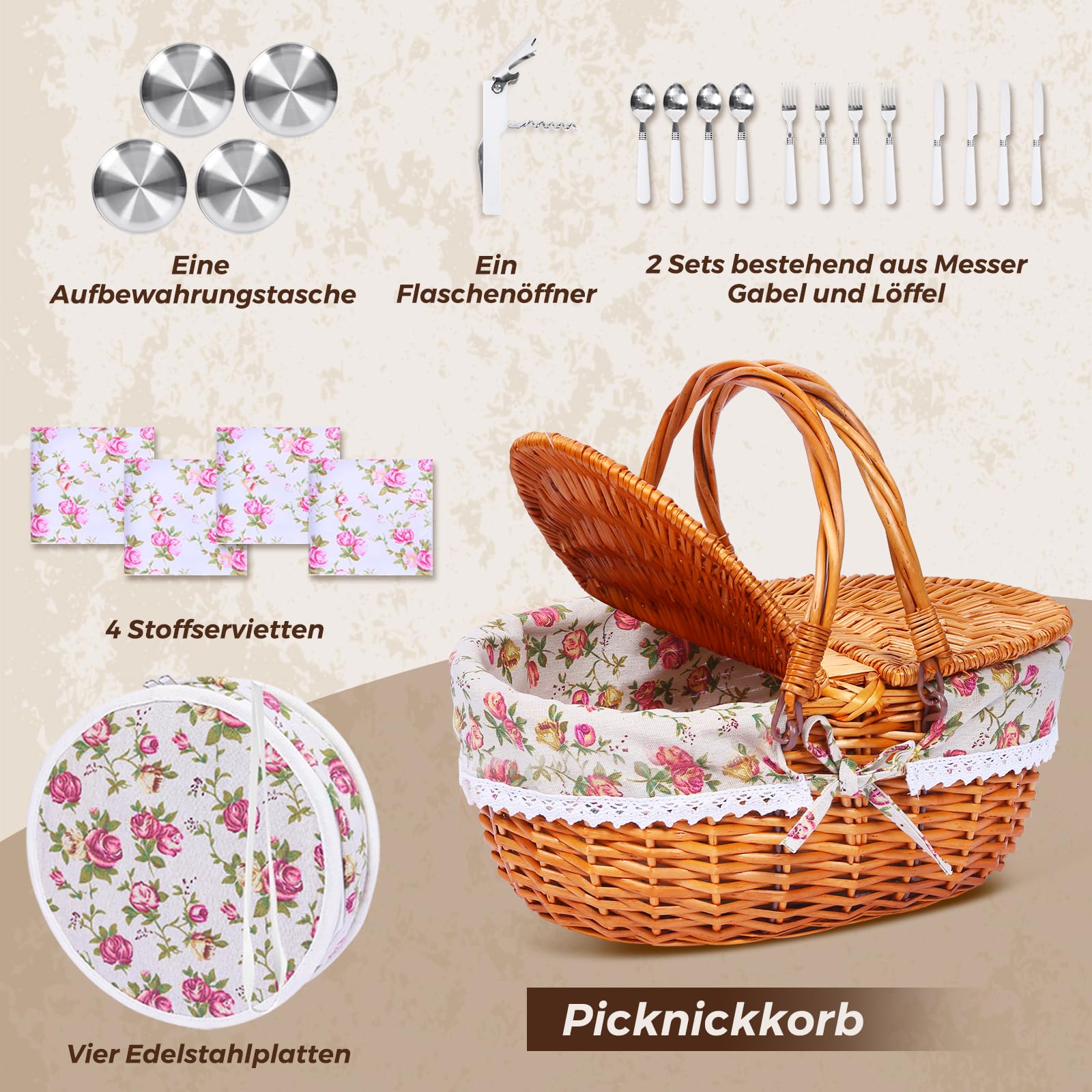 Cesto da picnic in vimini per 4 persone, con coperchio e manico, cestino da picnic con fodera lavabile e posate per esterni, campeggio, Halloween, Natale e un