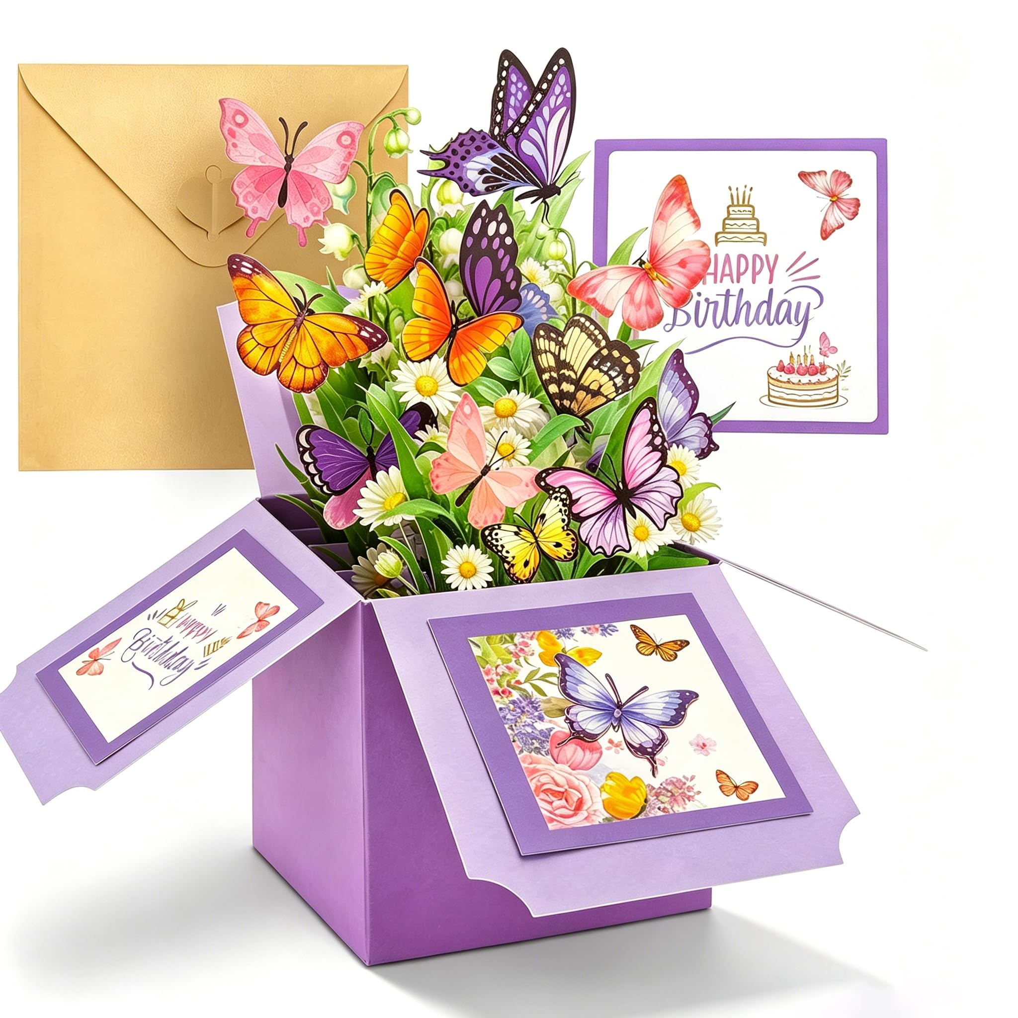 AYZDJ Colorful Pop-Up Birthday Card for Women – Butterfly & Bouquet Blossom Theme, Handmade Floral Greeting (with Envelope), Birthday Blessing Gift for Daughter, Wife, Sister, Mom