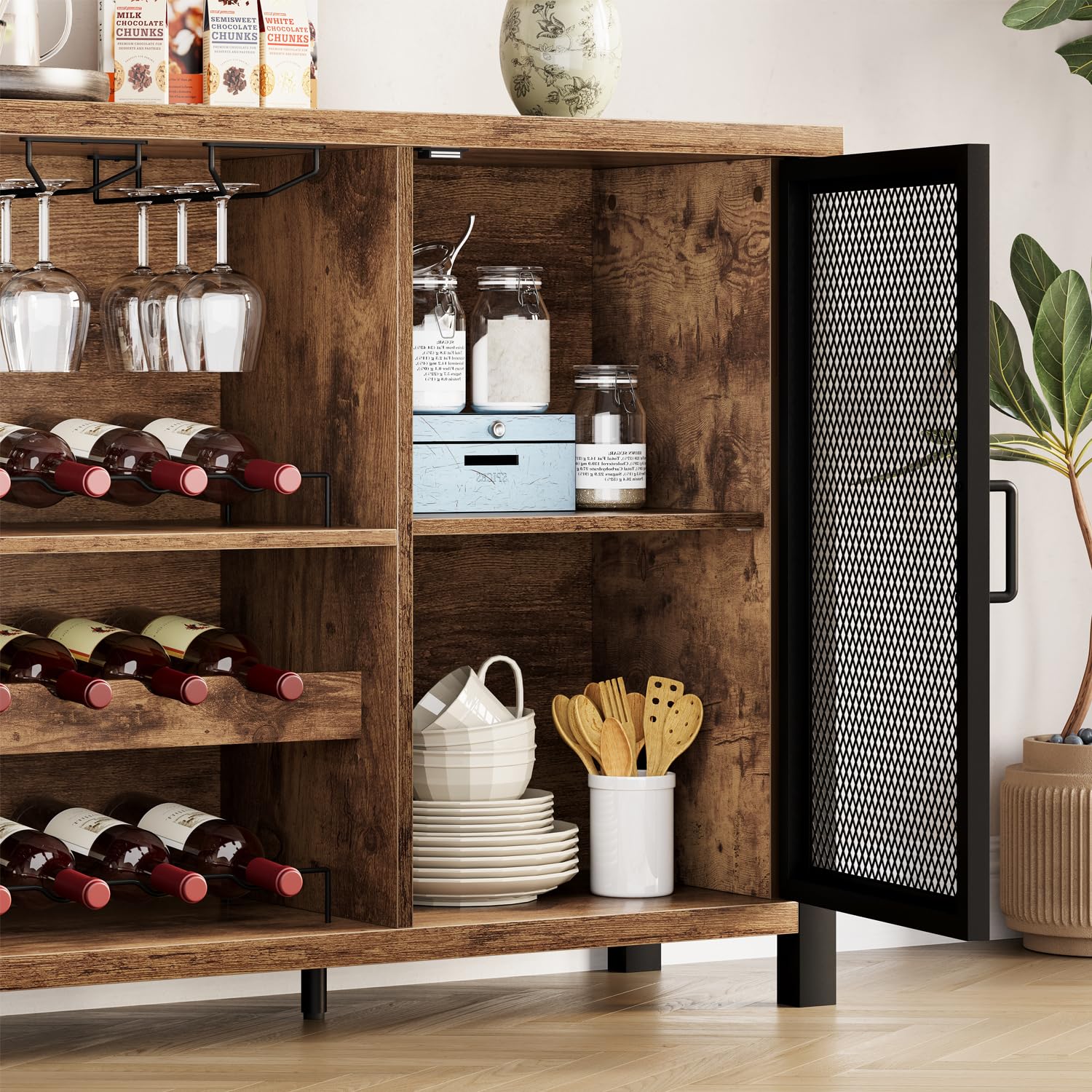 IBF Weinschrank Barschrank mit Weinregal und Glashalter Industrial Küchenschrank Kaffeebarschrank Sideboard Weinbarschrank für Küche Esszimmer Wohnzimmer Eingangsbereich,140 cm Rustikales Braun