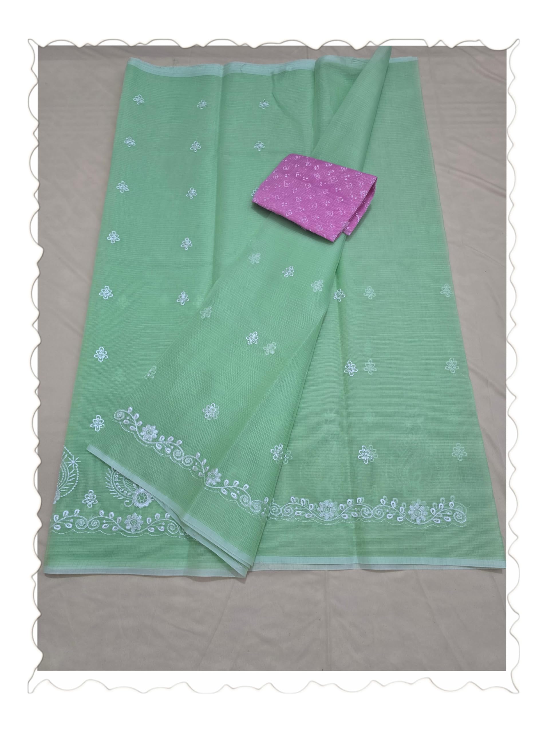 sunehridoria Women’s Kota Doria Embroidery Saree with Blouse | Lightweight Soft Cotton Blend Kota Doria Saree | White Chikankari Style Thread Work Saree for Women-picture-35