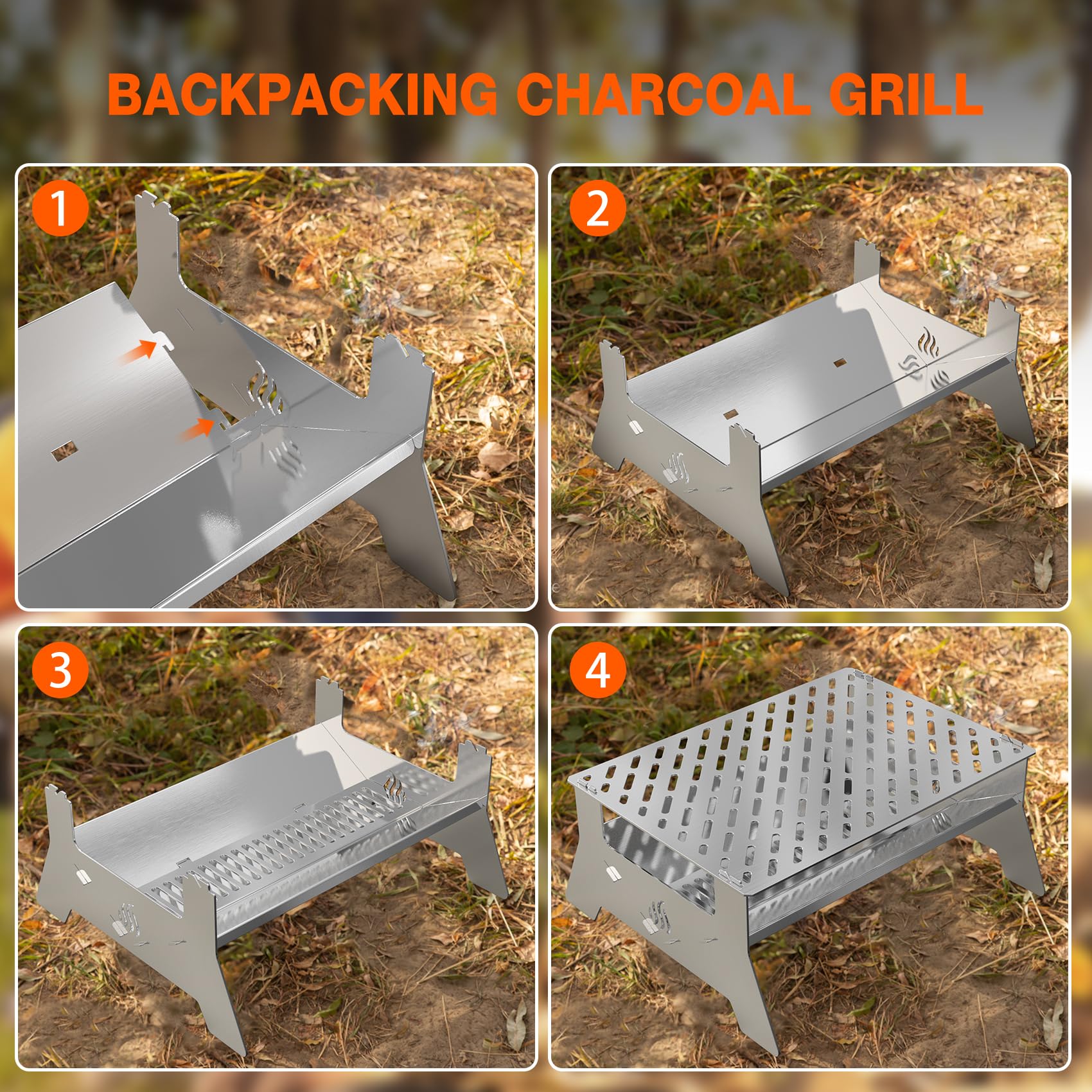 Onlyfire Barbecue à charbon portable en acier inoxydable très résistant | Barbecue pliable, sac de transport et pince de barbecue, pour terrasse, jardin, camping, pique-nique et randonnée