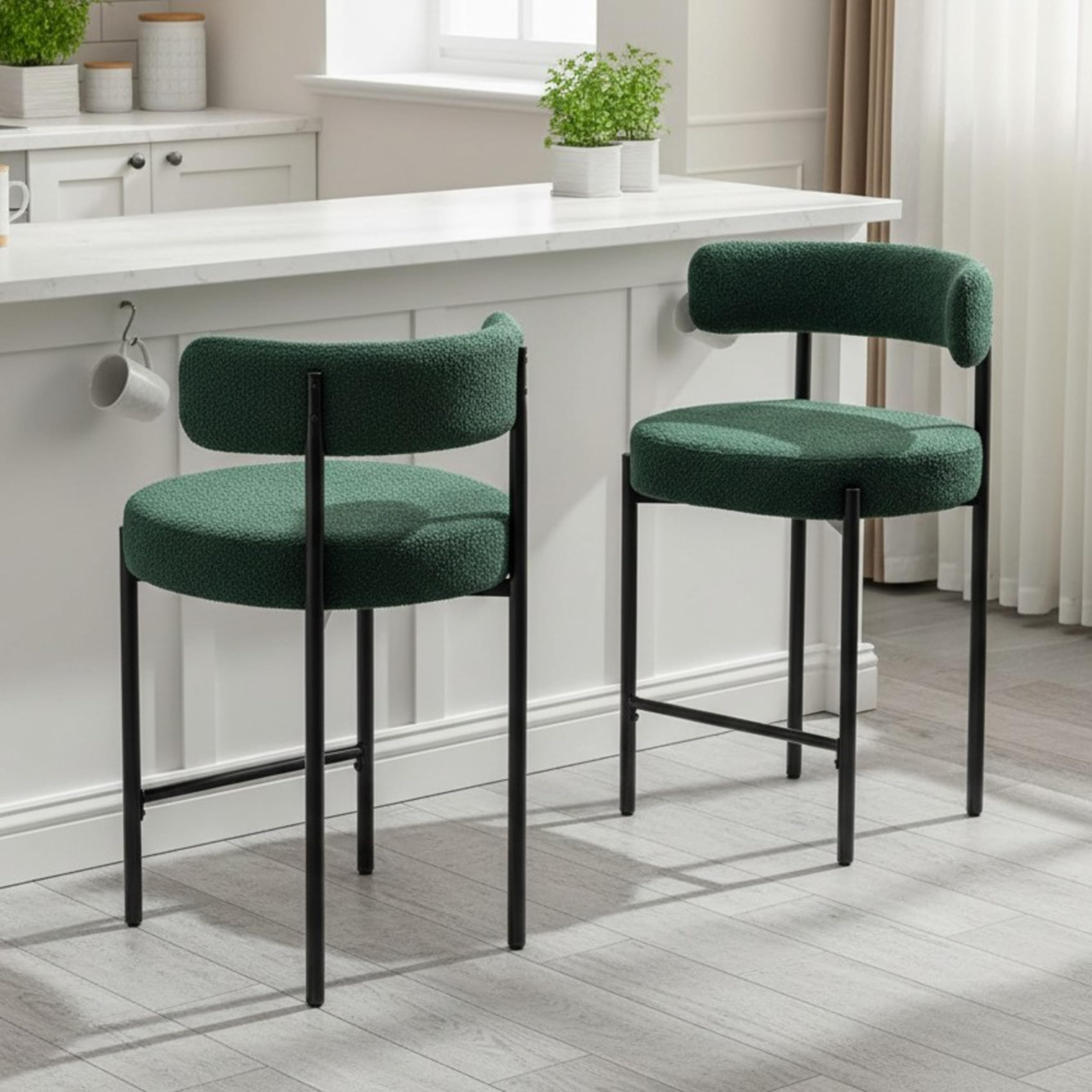 Forsalund Counter Height Bar Stools, 24'' Green Bar Stools Set of 2, Boucle Barstools with Back, Mid-Century Modern Bar Chairs for Kitchen Island,