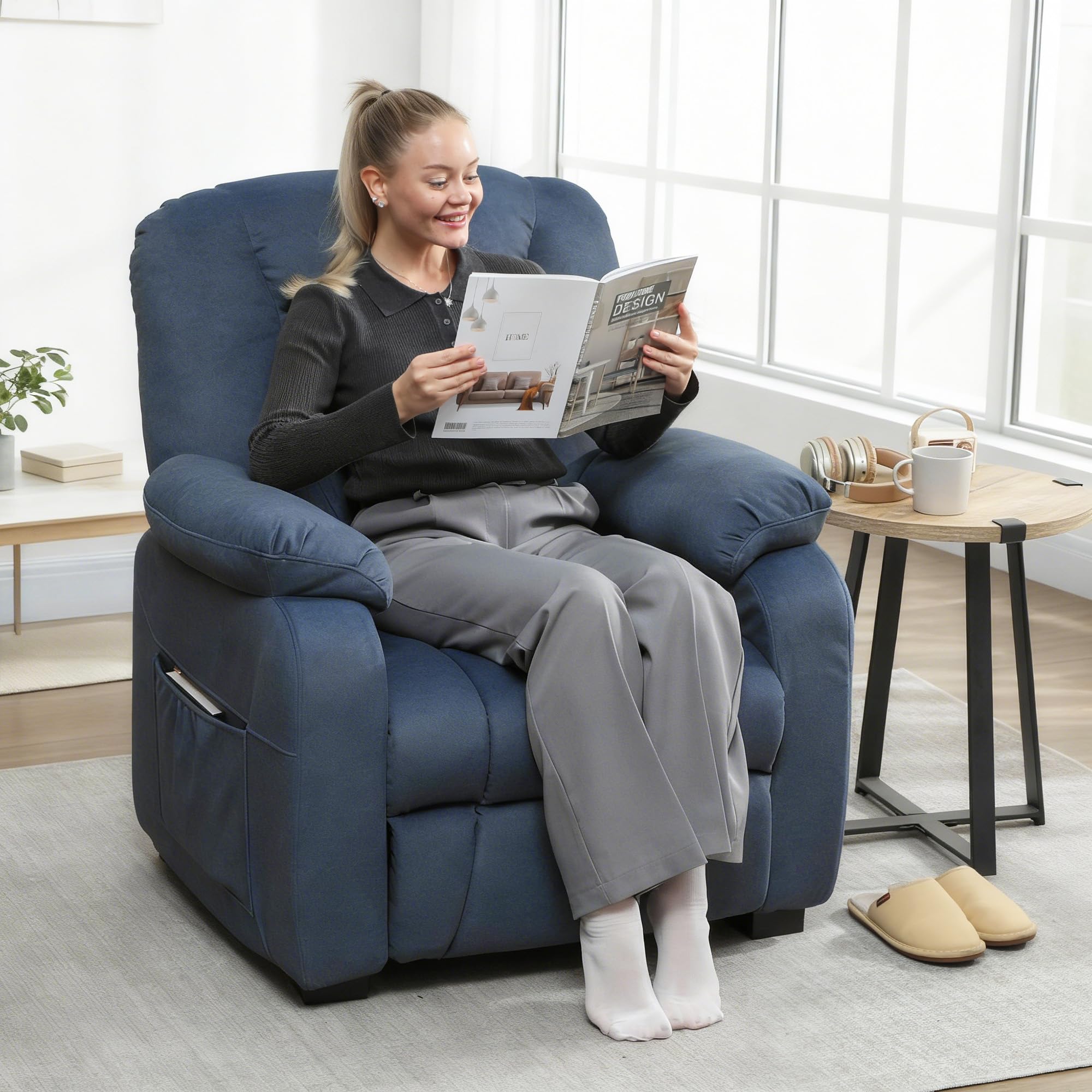 HOMCOM Sillón Relax Reclinable Eléctrico con Función Memoria Azul | Sillón Reclinable Silencioso, Reposapiés, Mando a Distancia, Puerto USB, Bolsillos Laterales, Dormitorio, Tela Terciopelo