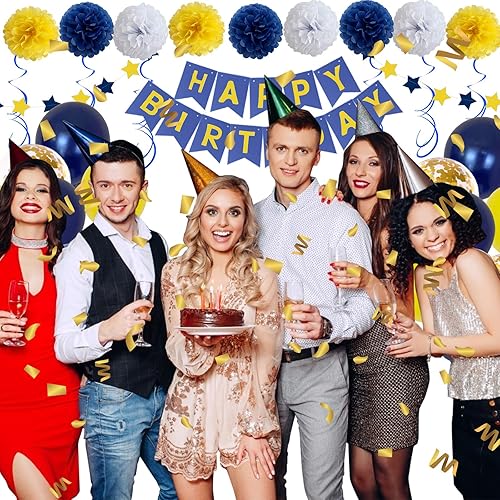 Miniatura 7 de Decoraciones de cumpleaños, suministros de fiesta de cumpleaños, banderines para hombres y mujeres, azul marino, amarillo, confeti, globos de látex,