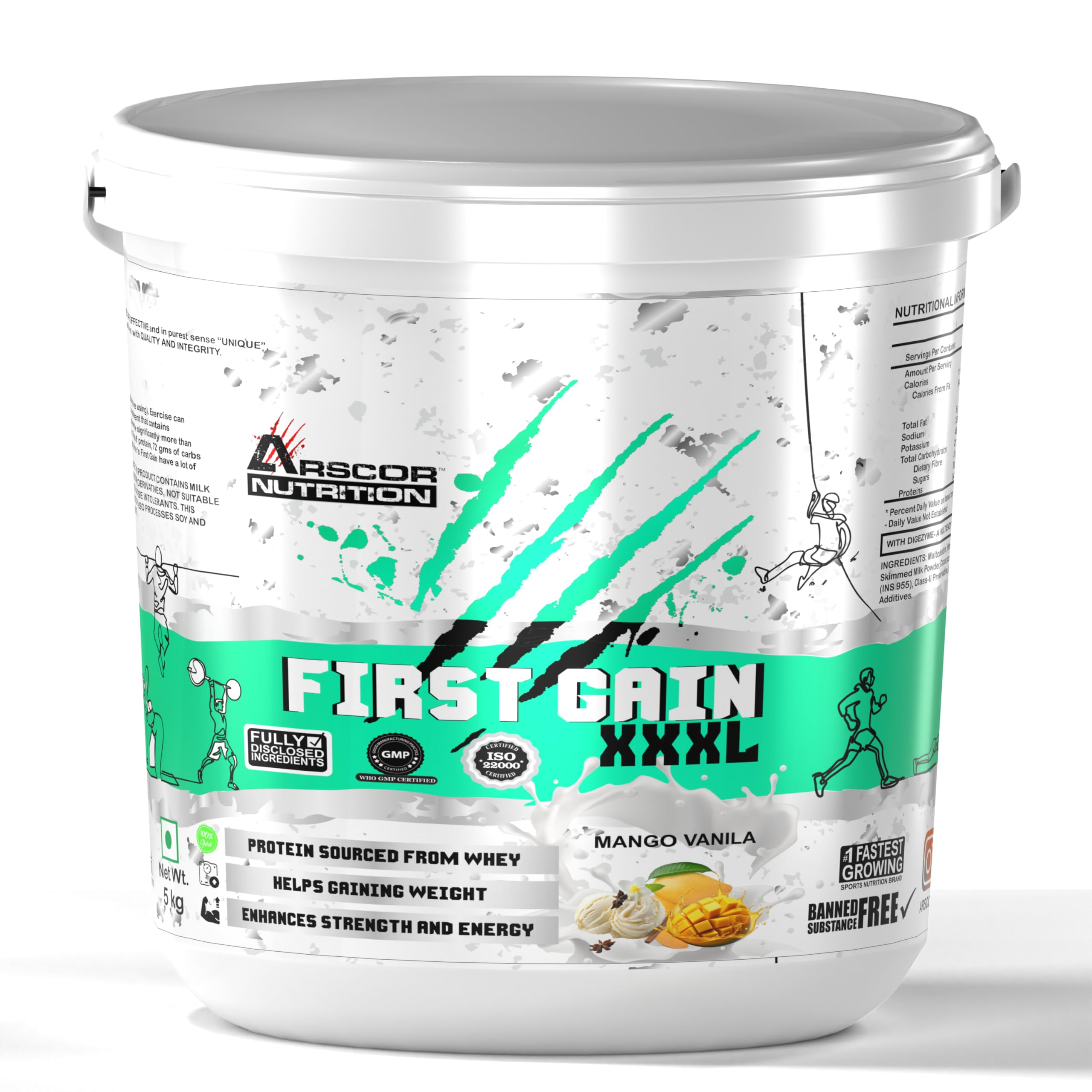 arscor's first gain mass gainer powder | high-calorie weight gainer with whey protein & complex carbs | muscle mass & strength builder | no added sugar (5 kg, mango vanilla)
