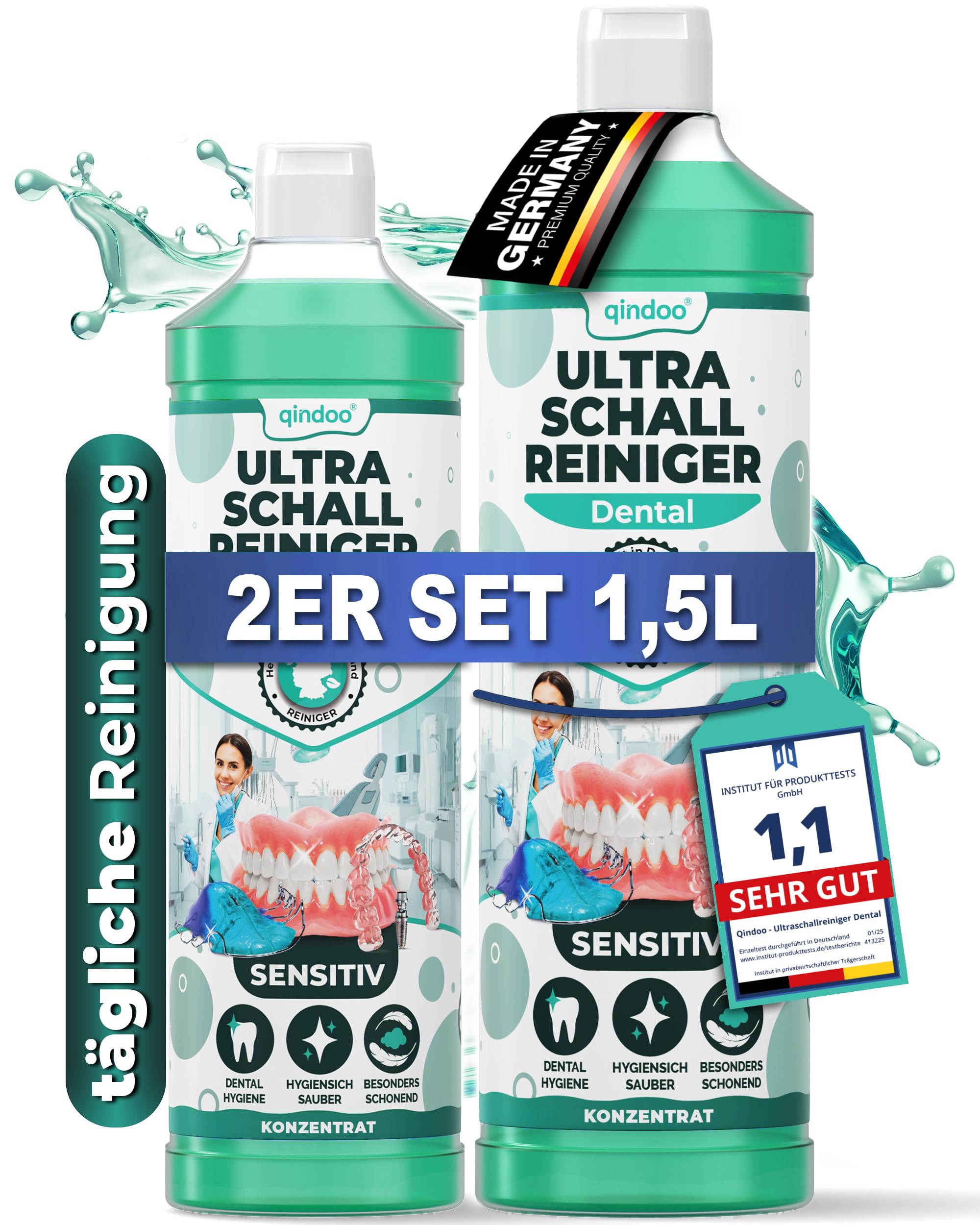 1.5L Ultraschallreiniger Dental für Zahnprothesen, Dentalreiniger Flüssigkeit, Zahnersatzreinigung, Zahnschienen (1,5 Liter Sparset)