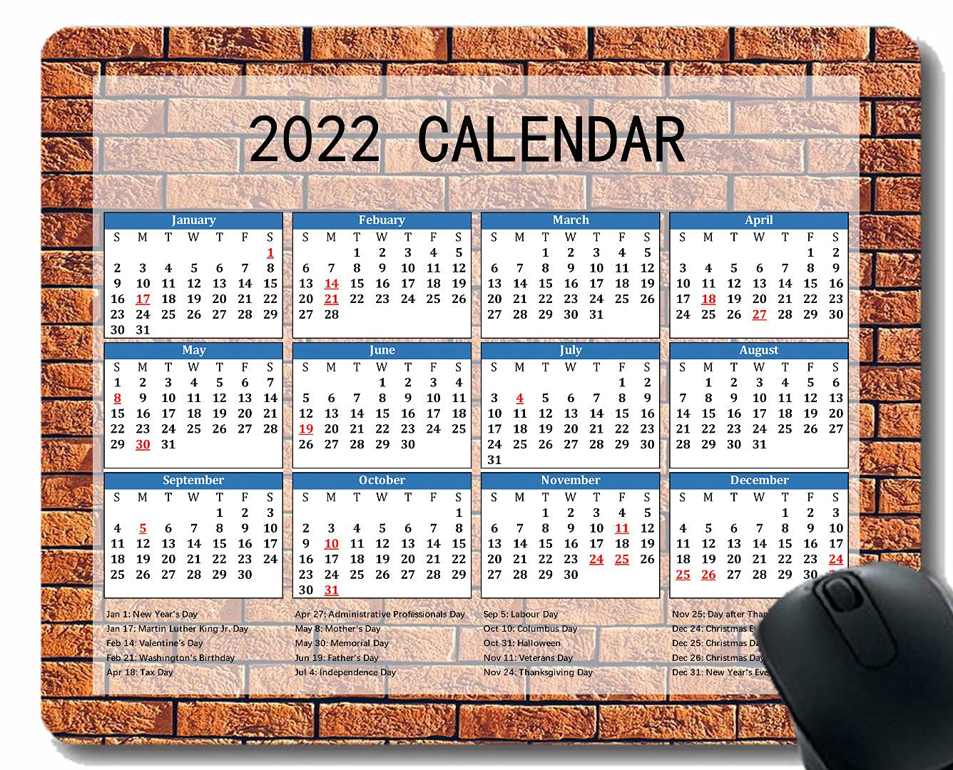 Gaming Mouse Pad 2022 Year Calendar with Holiday,Wall Texture Bricks Light Custom Gaming Mouse Pads with Designs