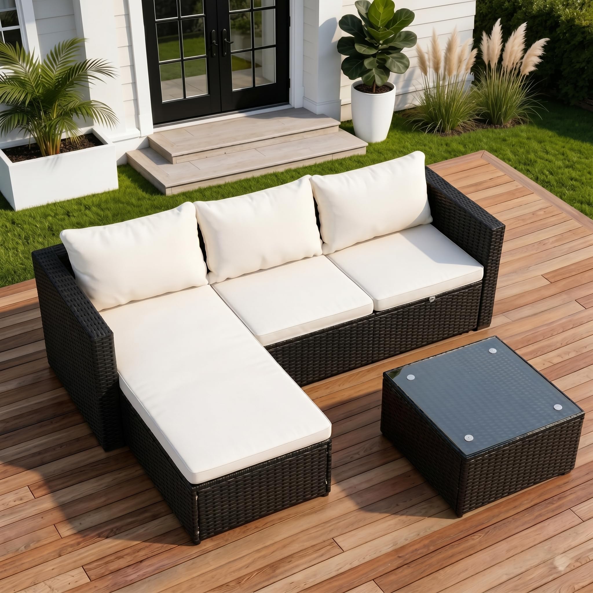 Photo 1 of **missing parts 
Shintenchi 4 Pieces Patio Furniture Set, 2-in-1 Convertible Sectional Sofa & Chaise Lounge, All-Weather Wicker Rattan Sofa Couch with Cushions & Coffee Table for Yard, Garden, Porch, Poolside (Beige)