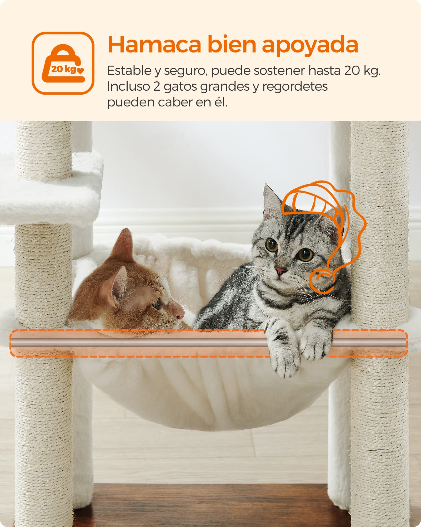 FEANDREA Árbol para Gatos de Interior 138 cm - Torre Moderna con Postes de Rascado, Hamaca, Felpa Suave, Cojines Lavables, Condominio de Varios Niveles, Marrón Rústico
