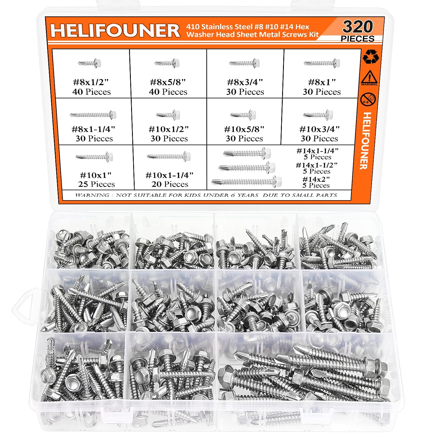 HELIFOUNER 320 Pieces #8#10#14 Hex Washer Head Self Drilling Sheet Metal Screws Assortment Kit, 410 Stainless Steel