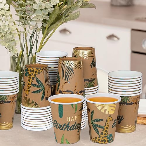 Miniatura 7 de DYLIVeS Vasos de papel de cumpleaños de animales, vasos desechables de safari en la selva, copas tropicales de verano de bosque salvaje, tazas de