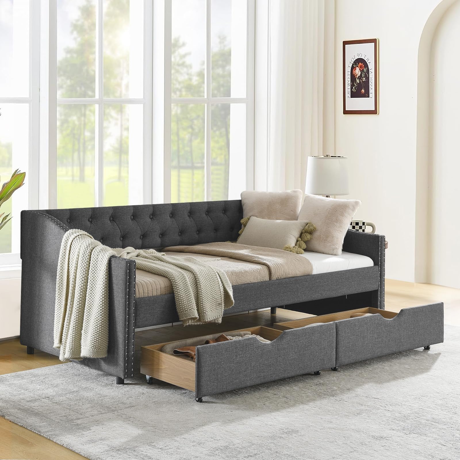 Daybed with Drawers, Modern Linen Upholstered Twin Size Day Bed Button-Tufted Sofa Daybed Frame with Double Drawers, No Box Spring Needed, Furniture