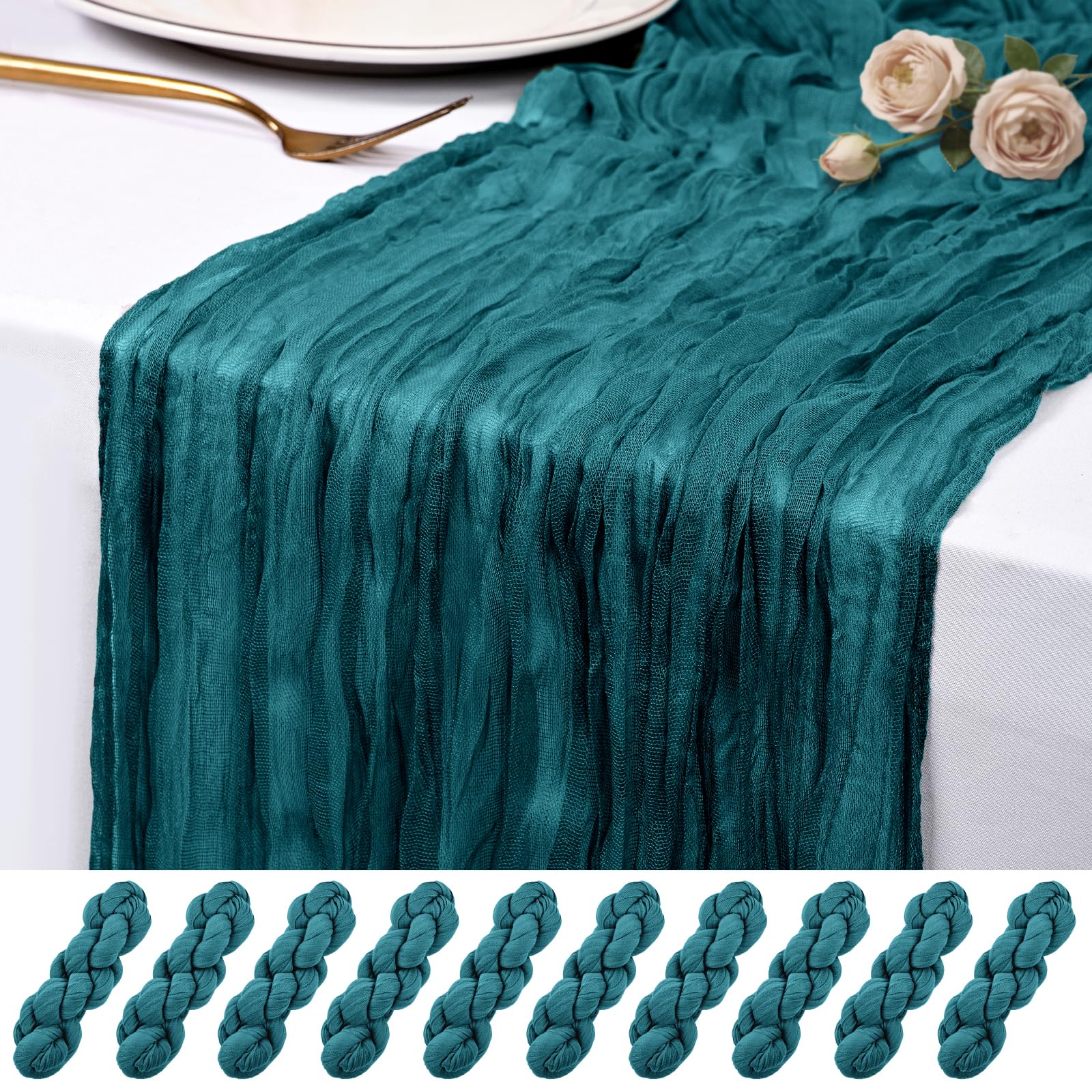 Photo 1 of 10 Pack Teal Cheesecloth Table Runner 17x108 Inch Semi Sheer Boho Rustic Gauze Cheese Cloth Table Runners for Wedding Party Birthday Baby Shower Home Décor