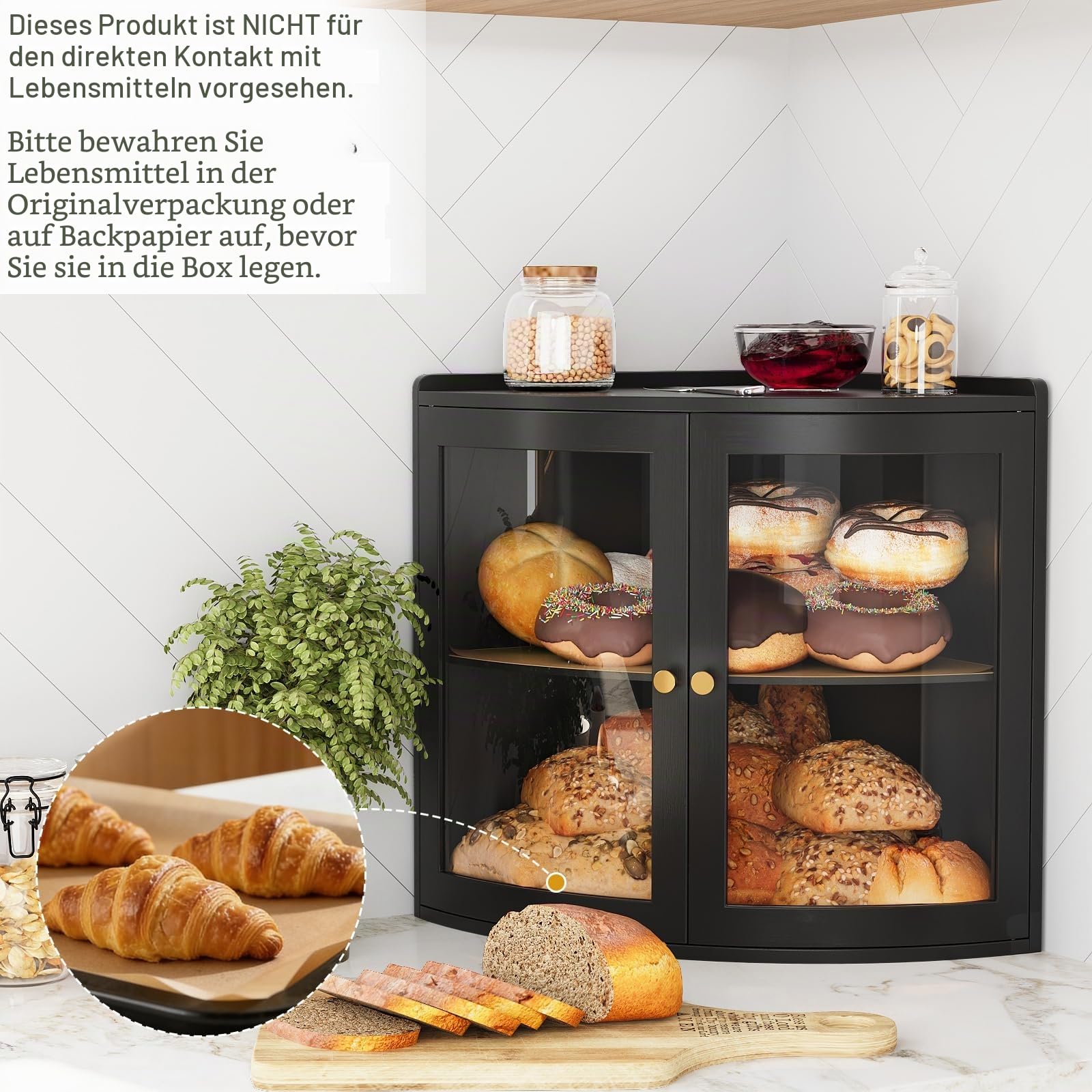 VEDECASA Bambus Eck-Brotkasten für die Küche Doppelstöckiger Brotkasten mit großem Stauraum und transparenter Acryl-Tür Platzsparende Brotbox für die Arbeitsplatte, Schwarz 31x31x38cm