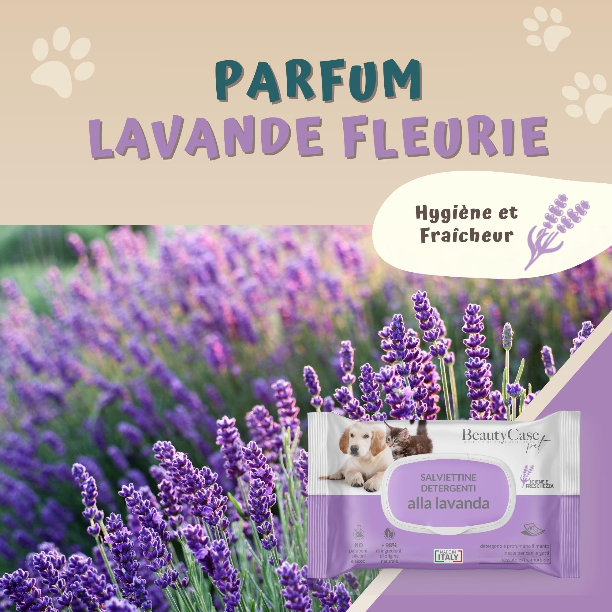 Beauty Case Lingette Chien 480 pcs (12x40) - Lingettes Douces pour Chien, Chiot et Chat - Extra Large 20x30cm - Corps et Pattes - Senteur Lavande