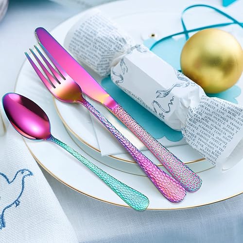 Miniatura 359 de A·HOUSEWARE - Juego de cubiertos iridiscentes con diseño hueco, 20 piezas, acero inoxidable, incluye tenedores, cucharas, cuchillos, utensilios