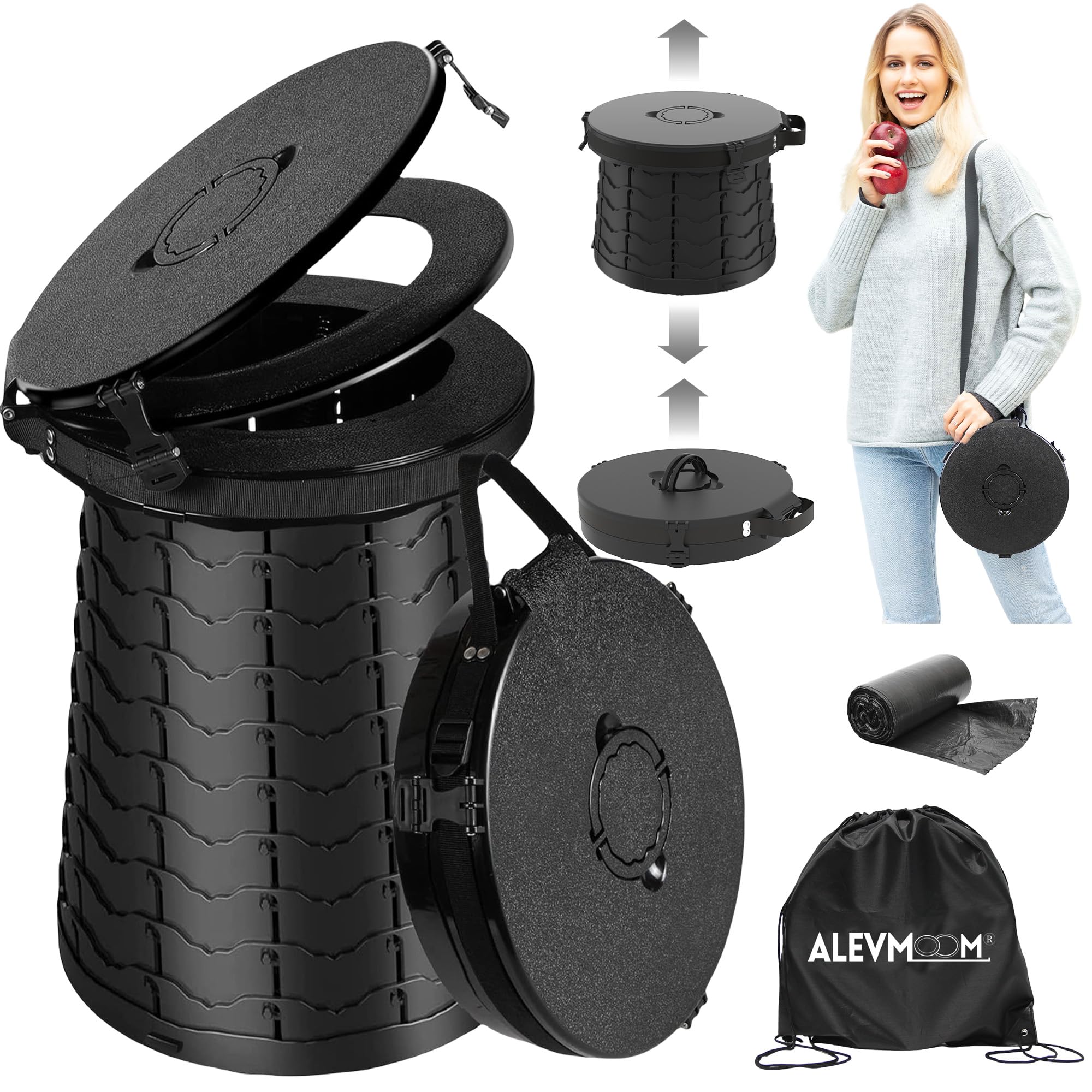 ALEVMOOM XXL Portable Toilets for Adults,Capacity 880lbs,19.7" H Adjustable Camping Toilet with Toilet Bags,Foldable Porta Potty for Camping, Hiking,Campervan,Travel,Car — image 1