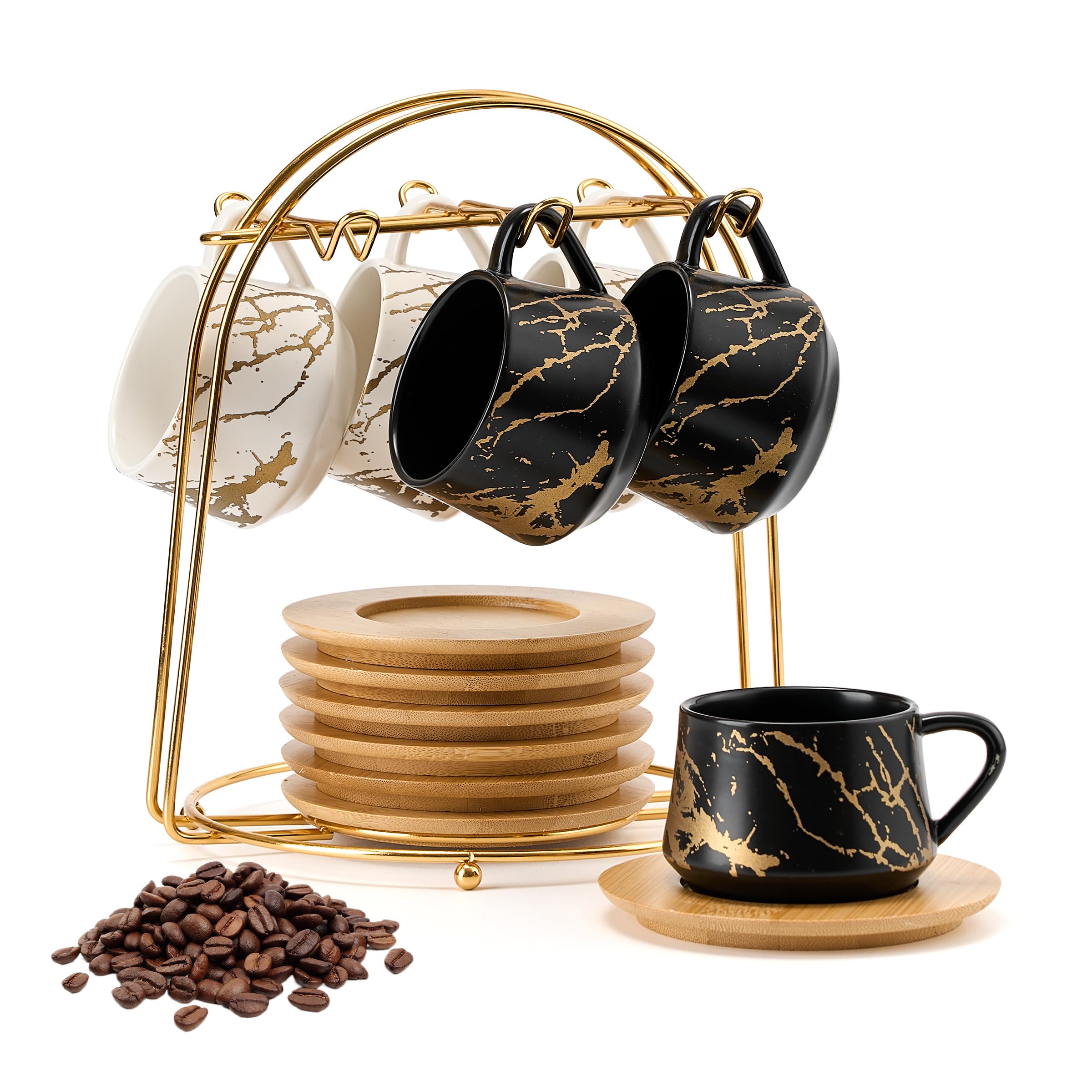 PORCER 6 × 130 ml keramische koffiekop en houten schotel met gouden metalen standaardsets, stapelbare cappuccino, espressokopjes voor speciale koffiedranken, latte, Americano, thee, elegant