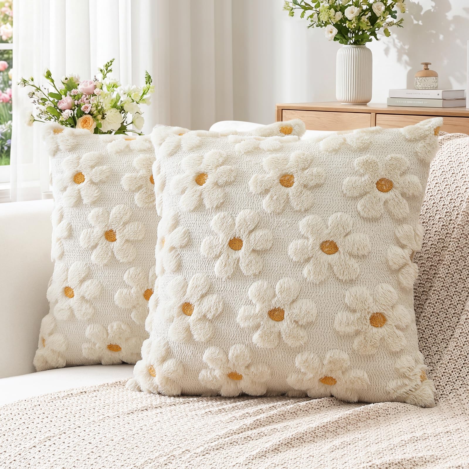 Artscope Spring Summer Cushion Covers Set of 2 Flowers Throw Pillow Covers for Sofa 45x45cm Square Seasonal Soft Plush Short Wool Velvet Cushion Case Holiday Decor Cream Beige