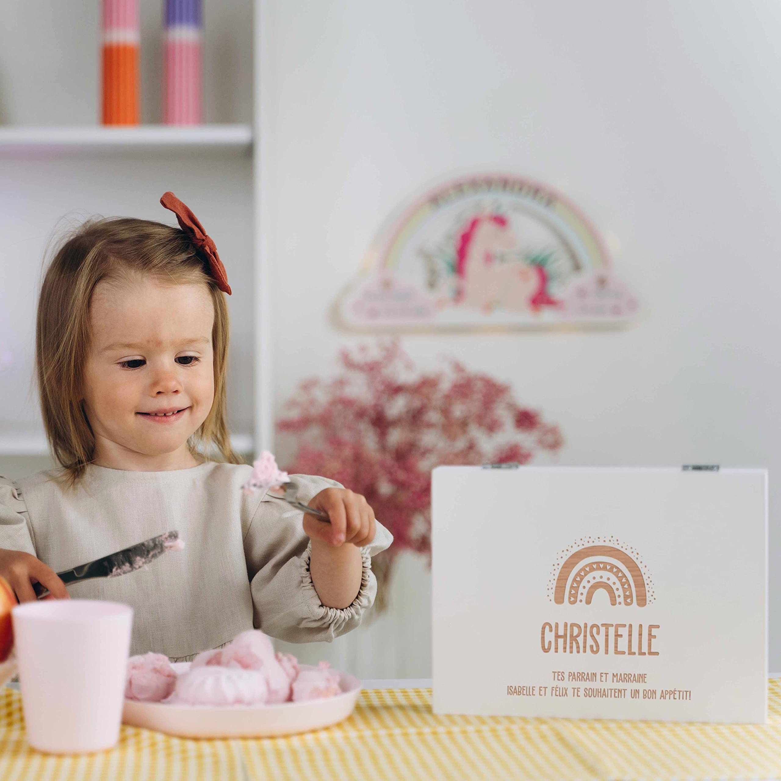 LAUBLUST Couvert Enfant personnalisé - Cadeau personnalisé - Arc-en-Ciel avec des cœurs - Blanc - 4 pièces - Couverts Enfant en INOX