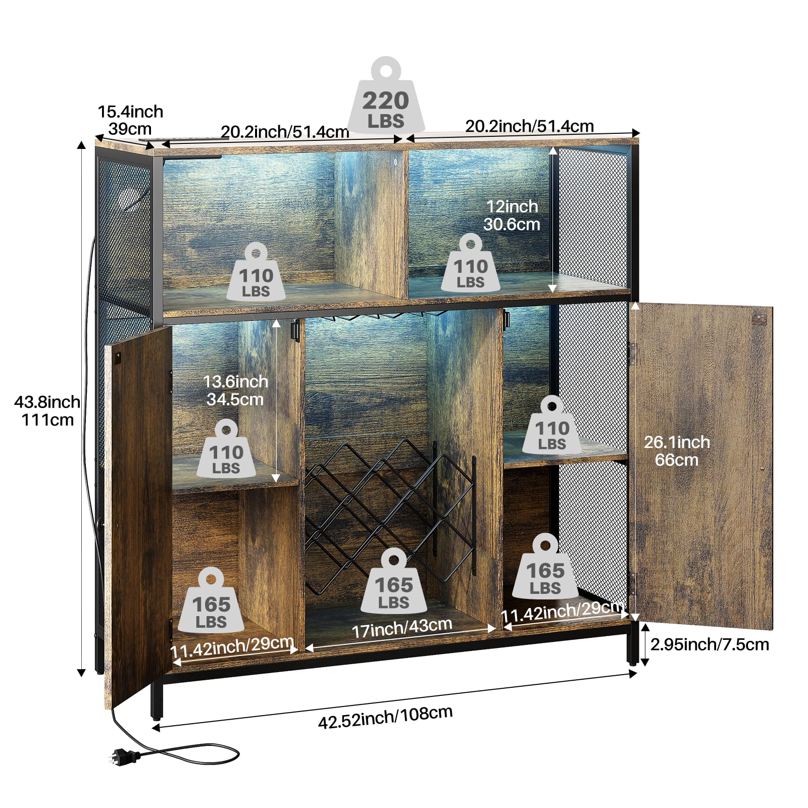 Armadietto per vino con presa di ricarica, 6 scomparti, stile vintage, con luce LED, 108 x 39 x 111 cm, armadio da cucina e credenza con portabottiglie in metallo, buffet per cucina, soggiorno
