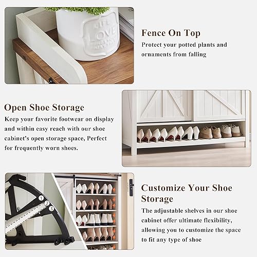 Miniatura 6 de OKD Armario de almacenamiento de zapatos con 2 cajones abatibles y puerta corredera, organizador de zapatos de entrada de granja, armario rústico