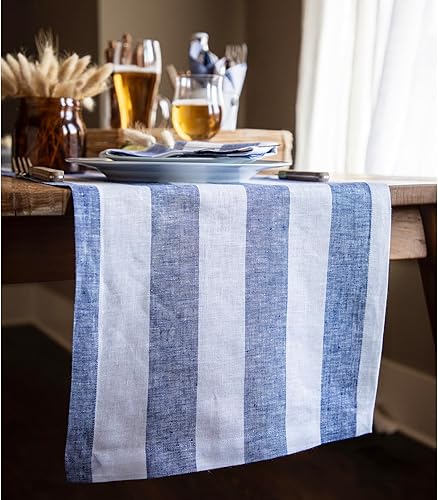 Miniatura 2 de Solino Home Camino de mesa a rayas de 60 pulgadas, rayas cabaña, 100% lino puro, camino de mesa pequeño azul marino y blanco, 14 x 60 pulgadas,