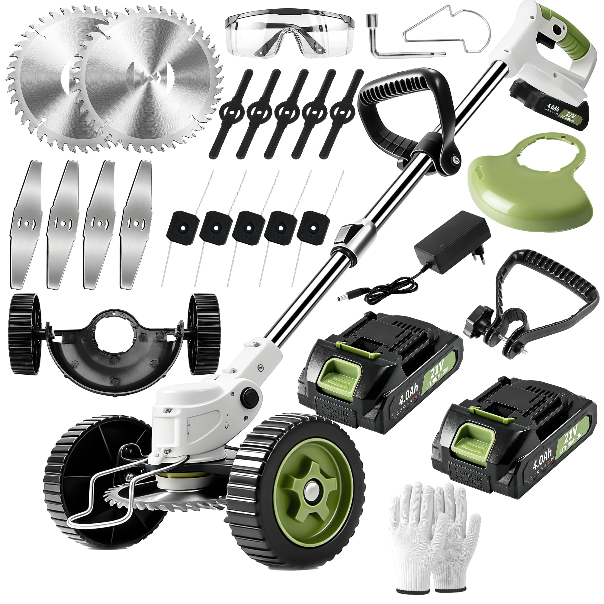 Debroussailleuse Electrique sans Fil - Debroussailleuse Batterie avec 2 Batterie 21V et 4 Types de Lames - Coupe Bordure avec Poignée Réglable - Débroussailleuse à Gazon pour Jardin